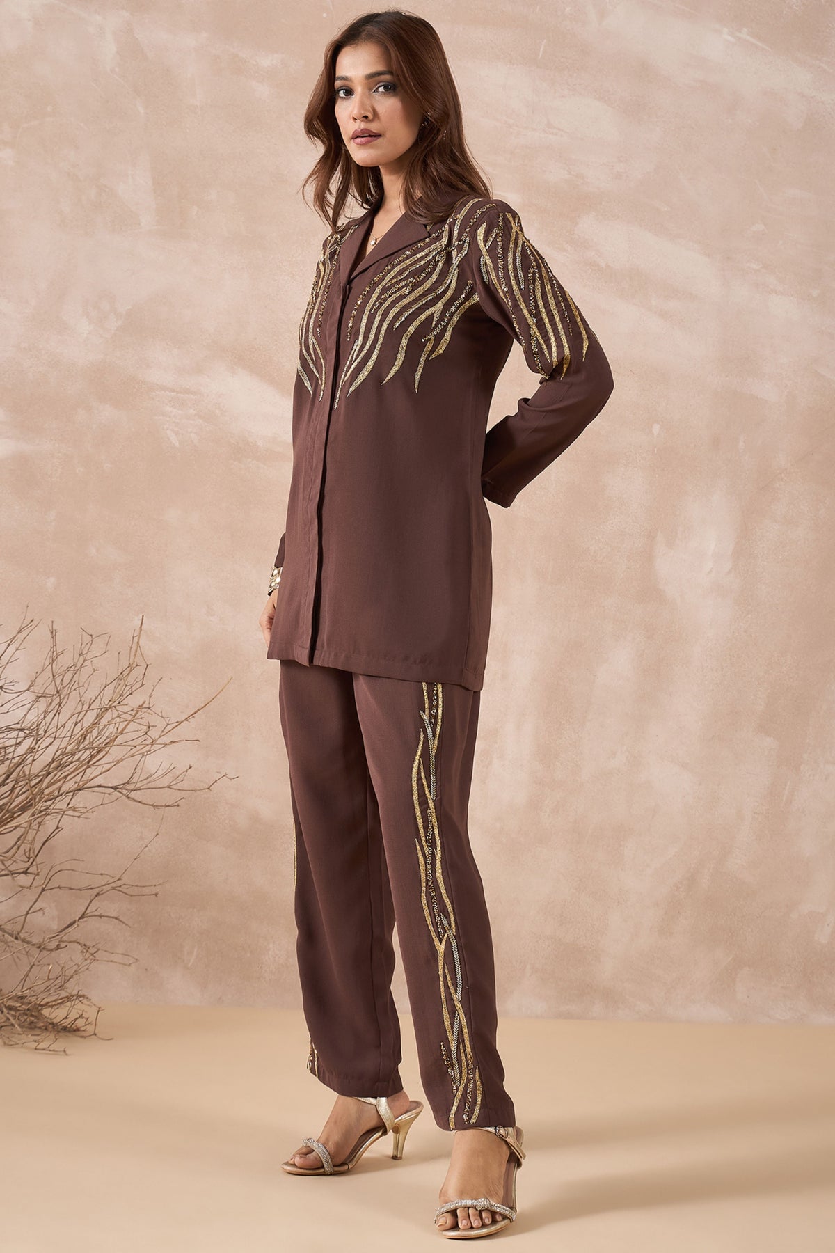 Brown Contrast Embellished Co-Ord Set