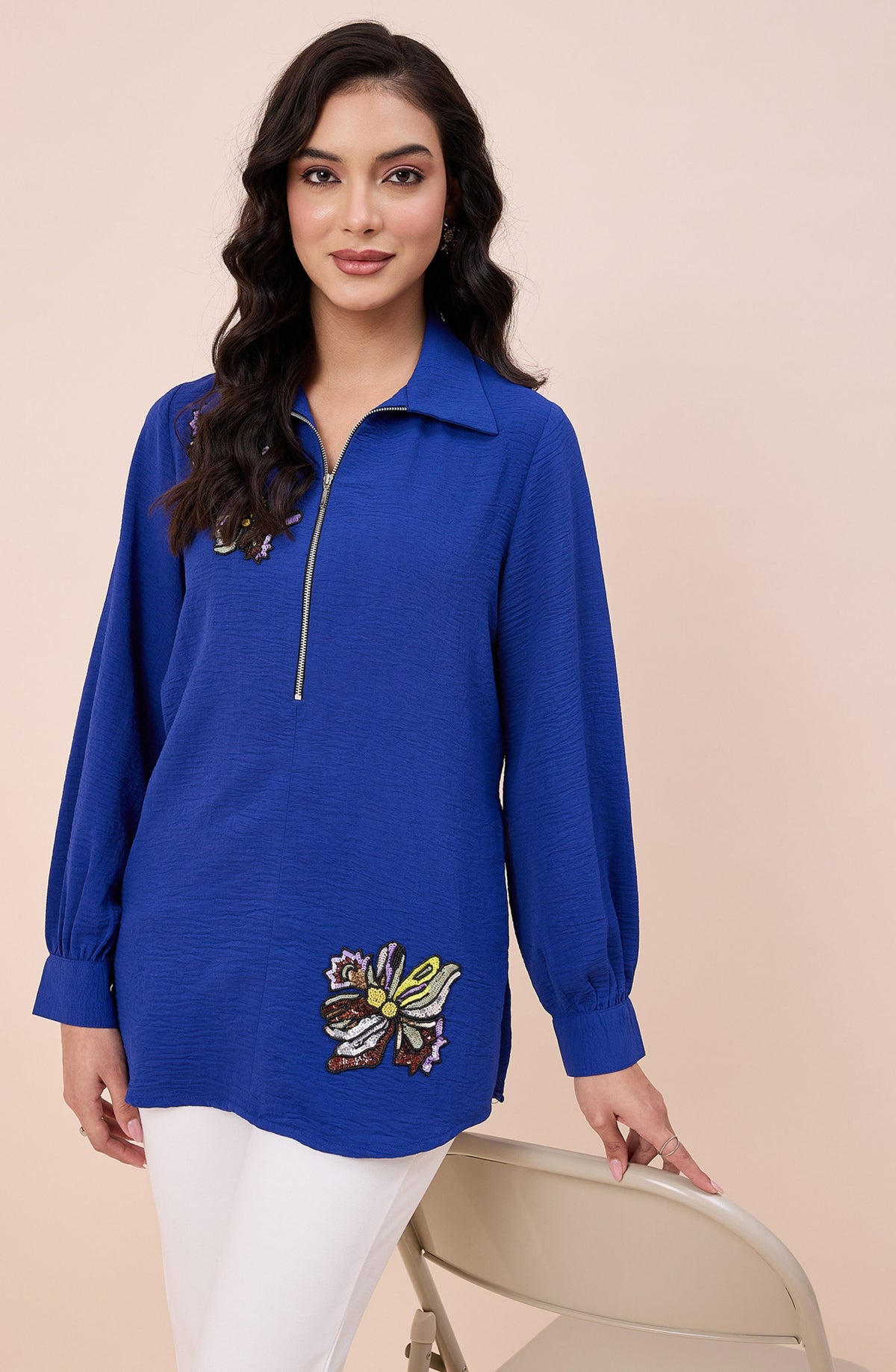 Royal Blue Half Zip Embellished Shirt