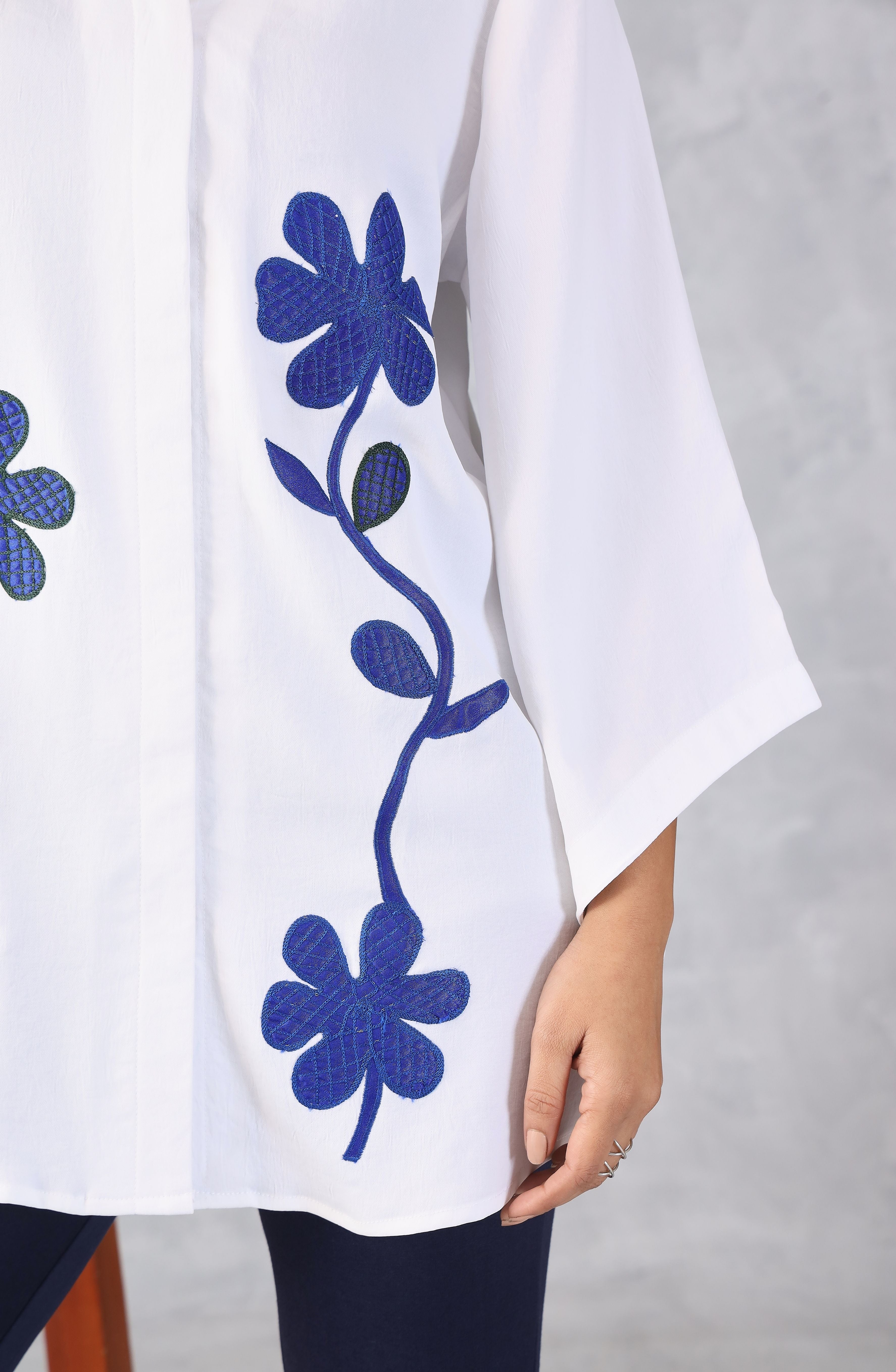 White Blue Petal Floral Embroidered Shirt