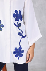 White Blue Petal Floral Embroidered Shirt