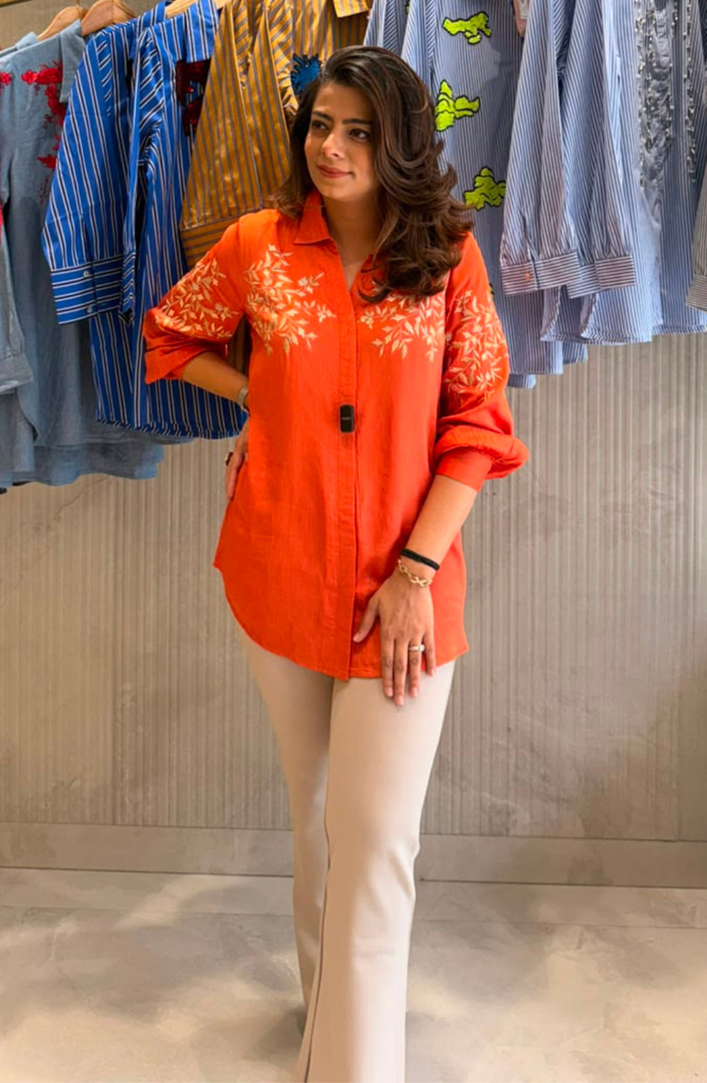 Orange Floral Embroidered Shirt