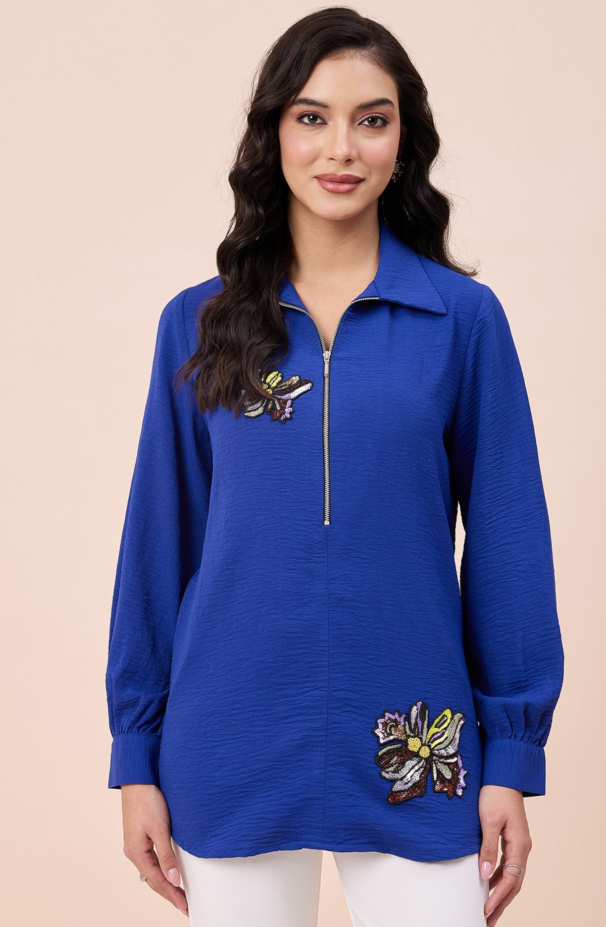 Royal Blue Half Zip Embellished Shirt