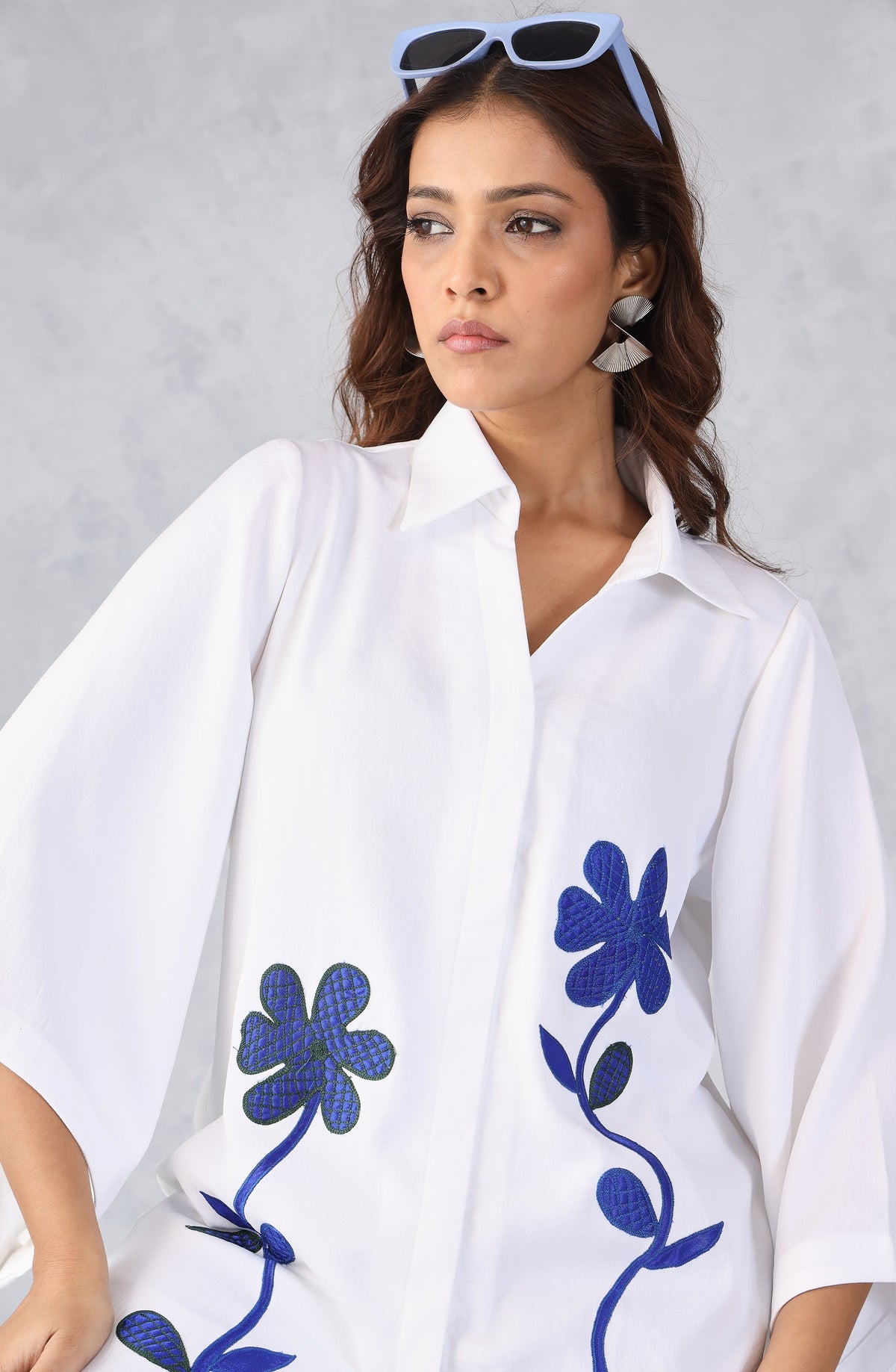 White Blue Petal Floral Embroidered Shirt