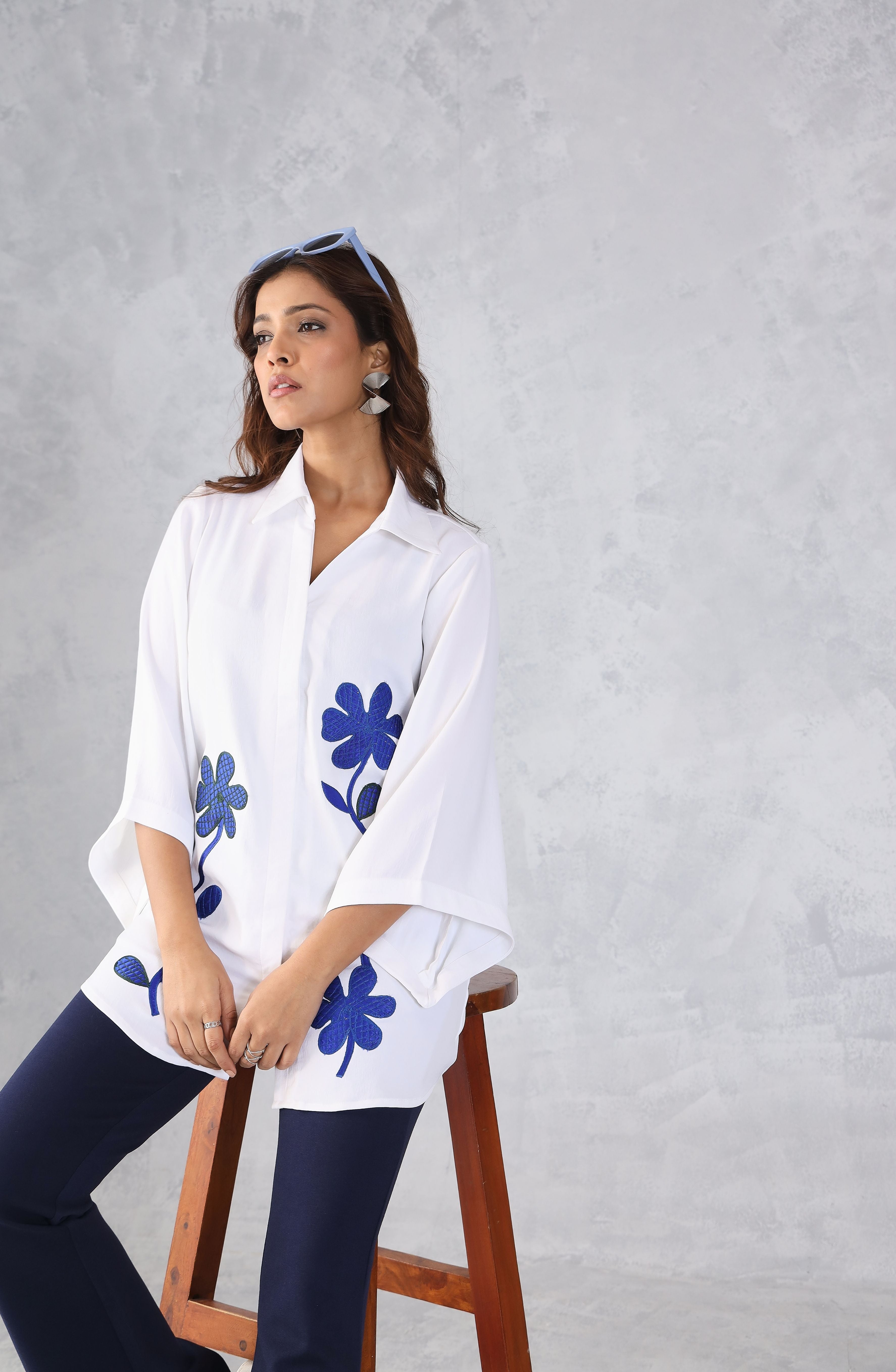 White Blue Petal Floral Embroidered Shirt