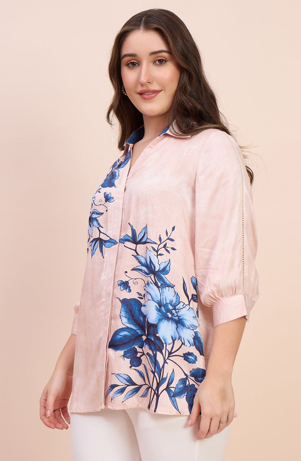 Blush Pink Shirt with Blue Floral Print