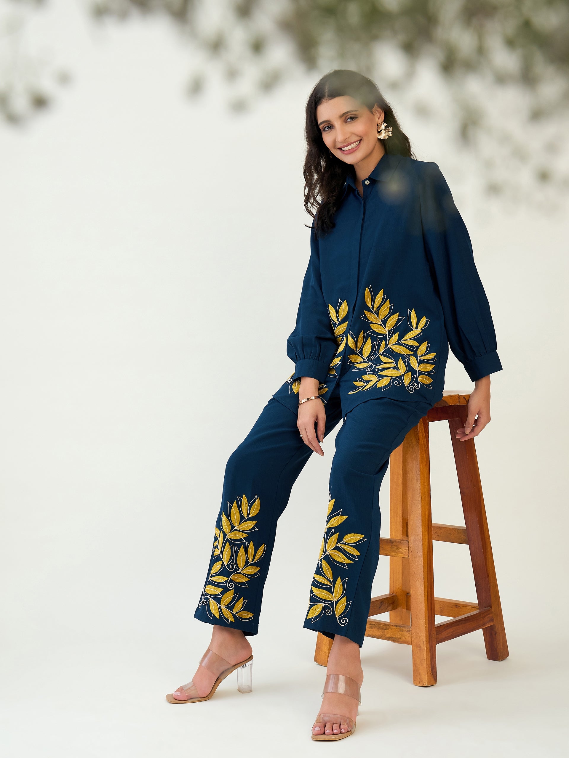 Navy Blue Leaf Embroidered Co-ord set