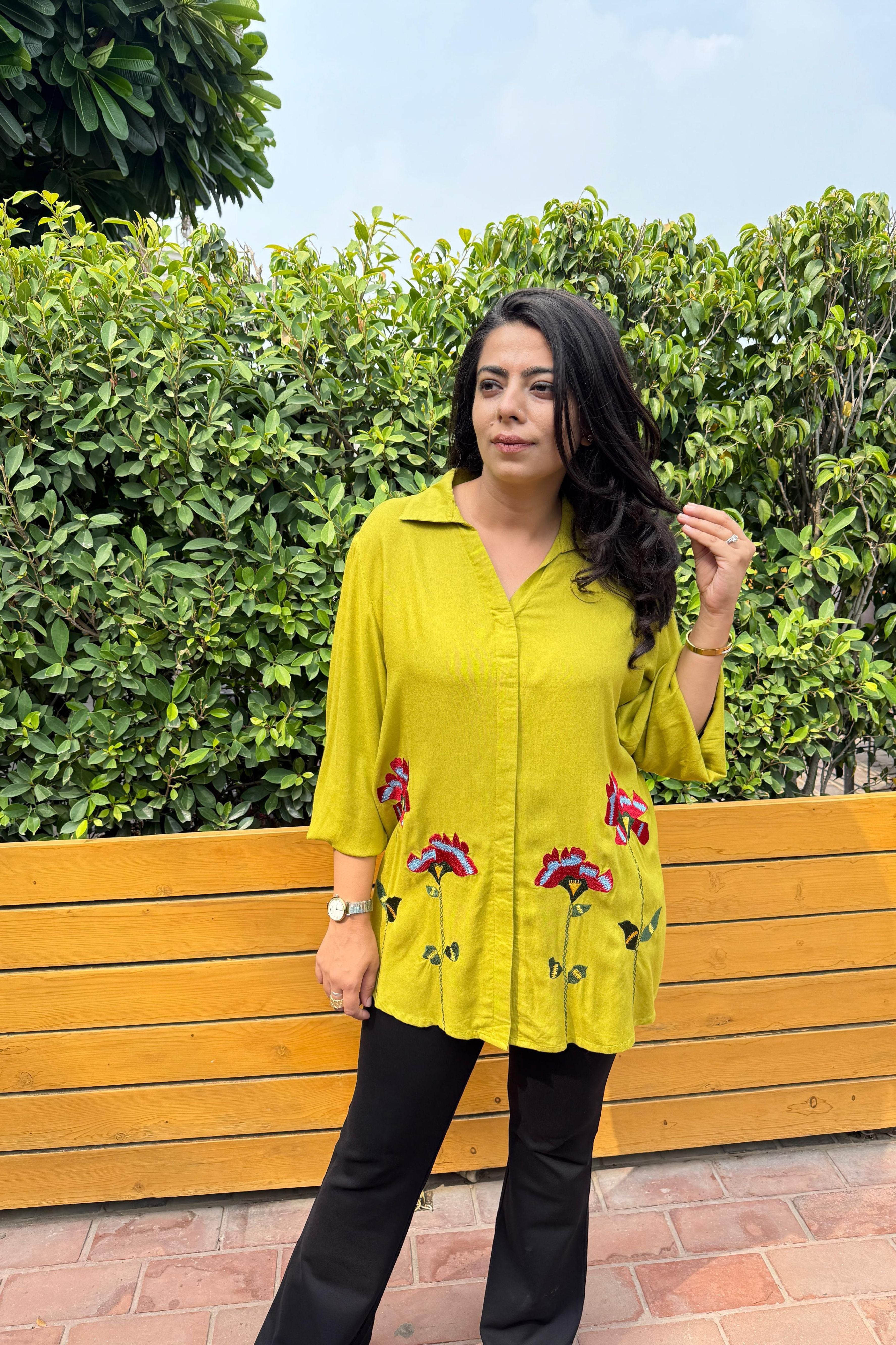 Mustard Floral Embroidered Shirt