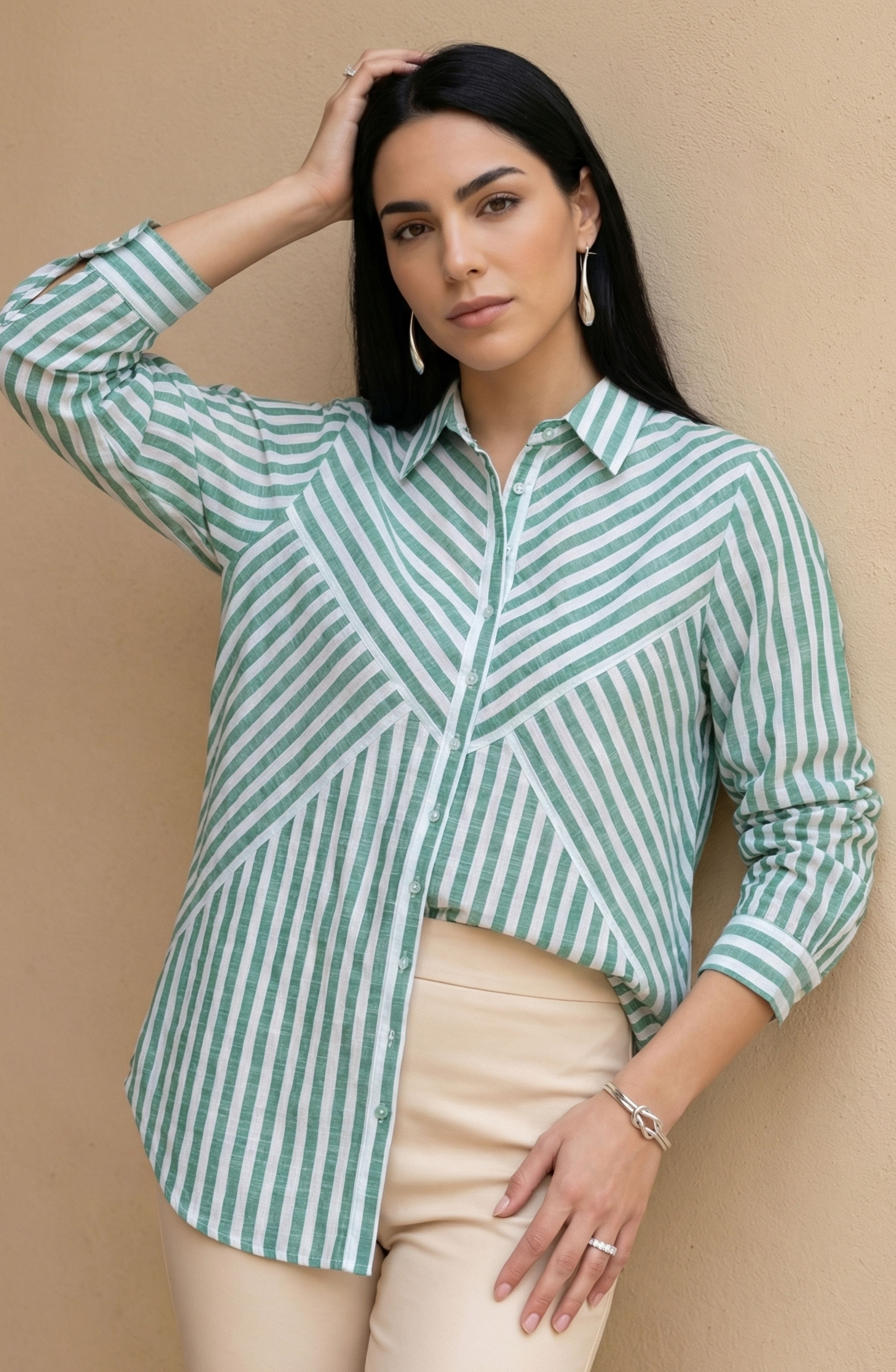 Green & White Stripe Cotton Shirt