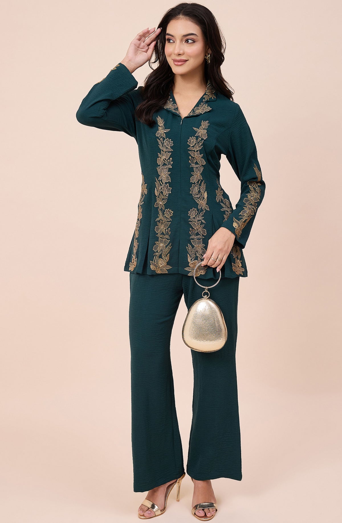 Bottle Green Zari Embroidered Co-ord Set