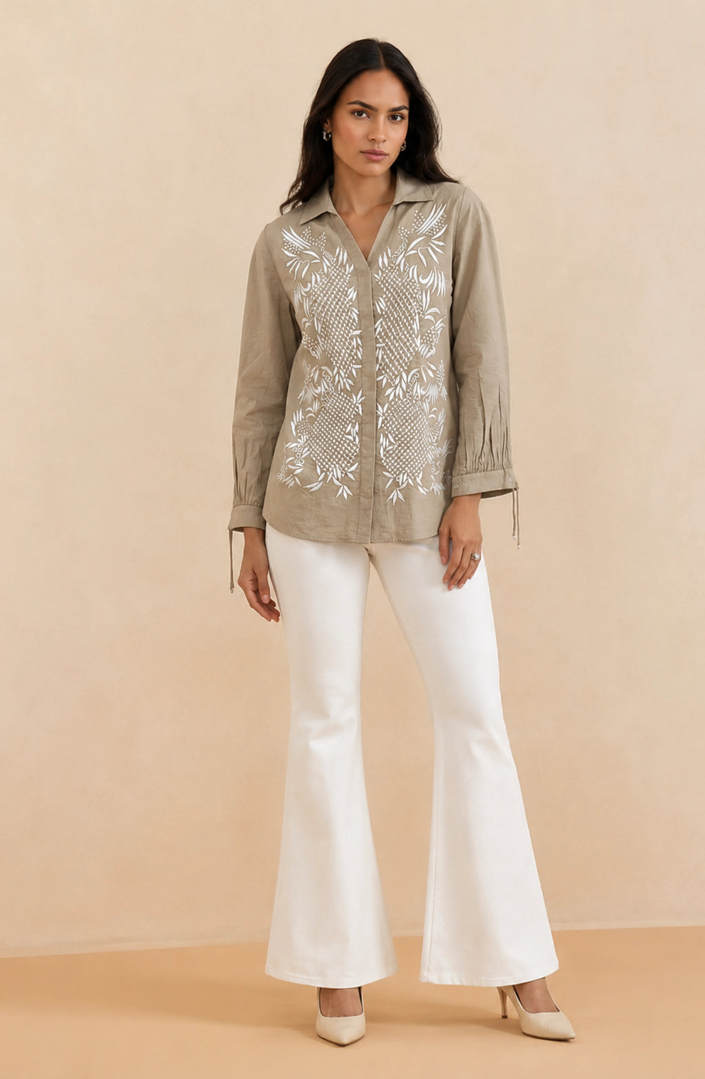 Beige Cotton Linen Embroidered Shirt
