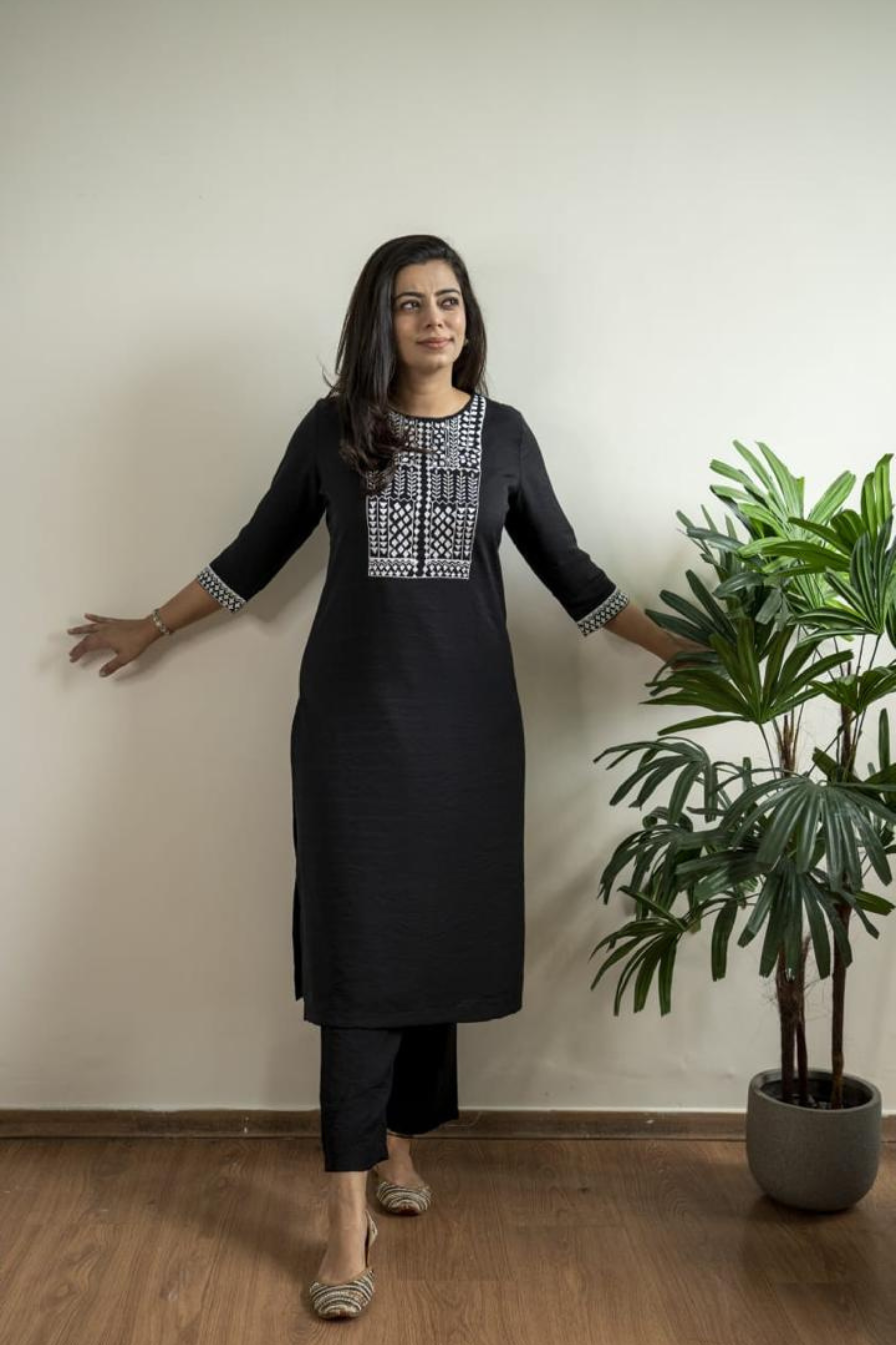 Black Kurta Set with Intricate White Embroidery