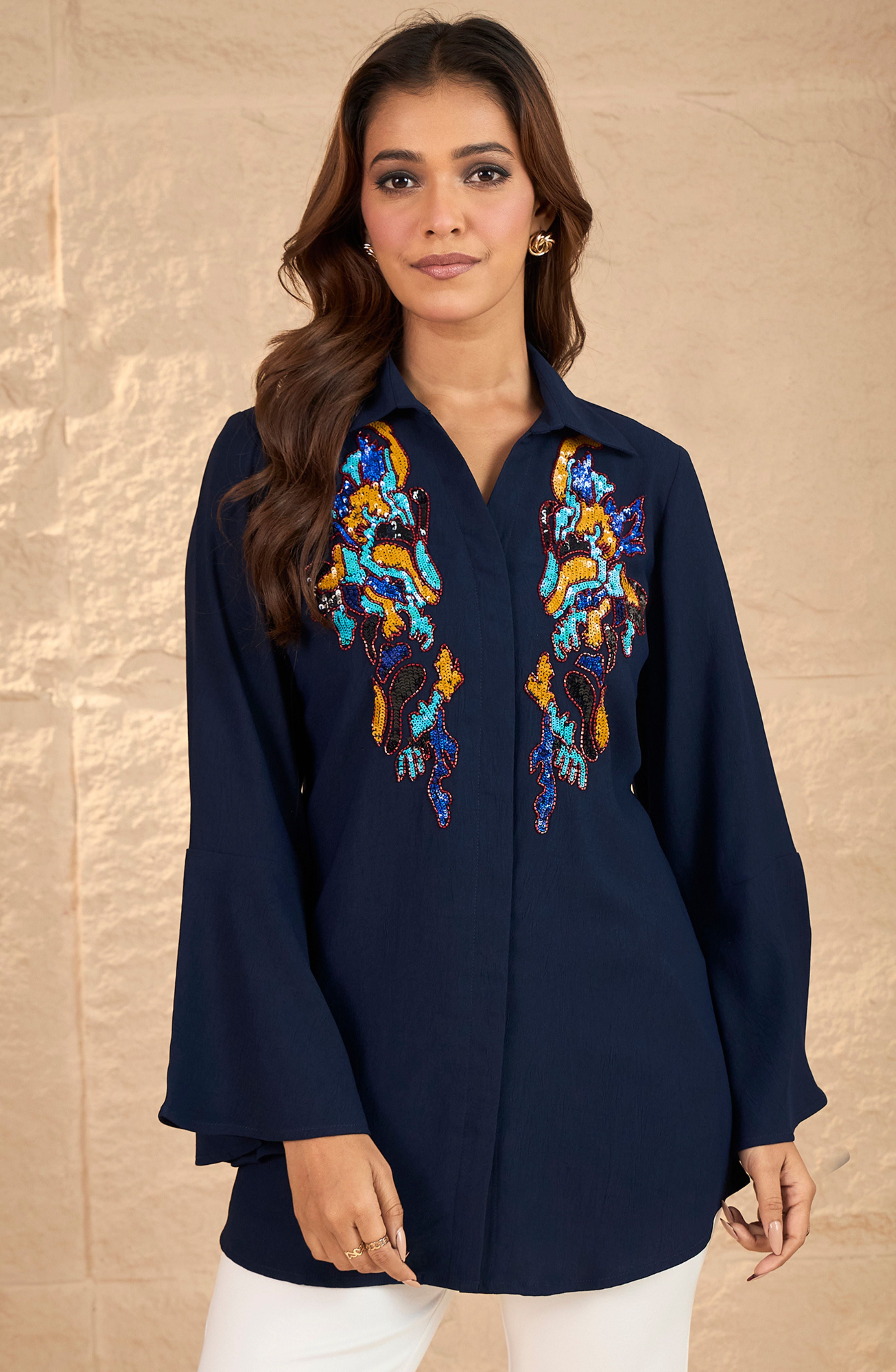 Blue Colorful Embellished Shirt