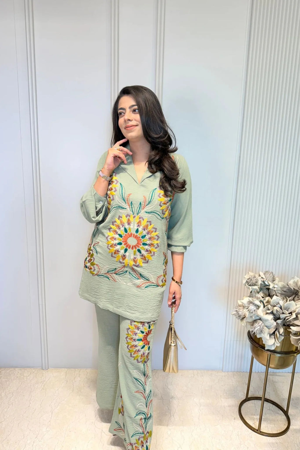 Moss Green Floral Embroidered Co-Ord Set