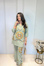 Moss Green Floral Embroidered Co-Ord Set