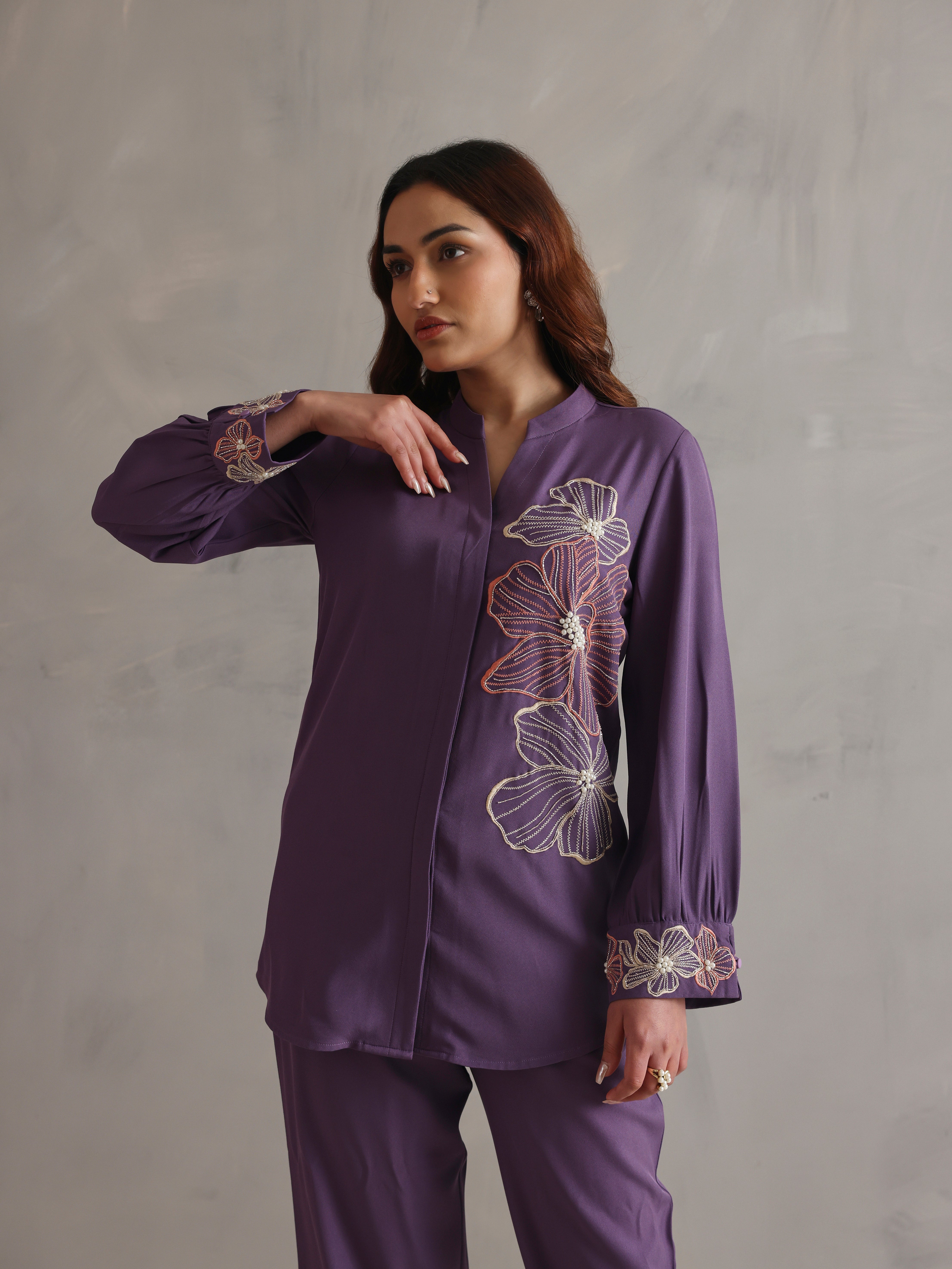 Purple Floral Embroidery Co-ord Set