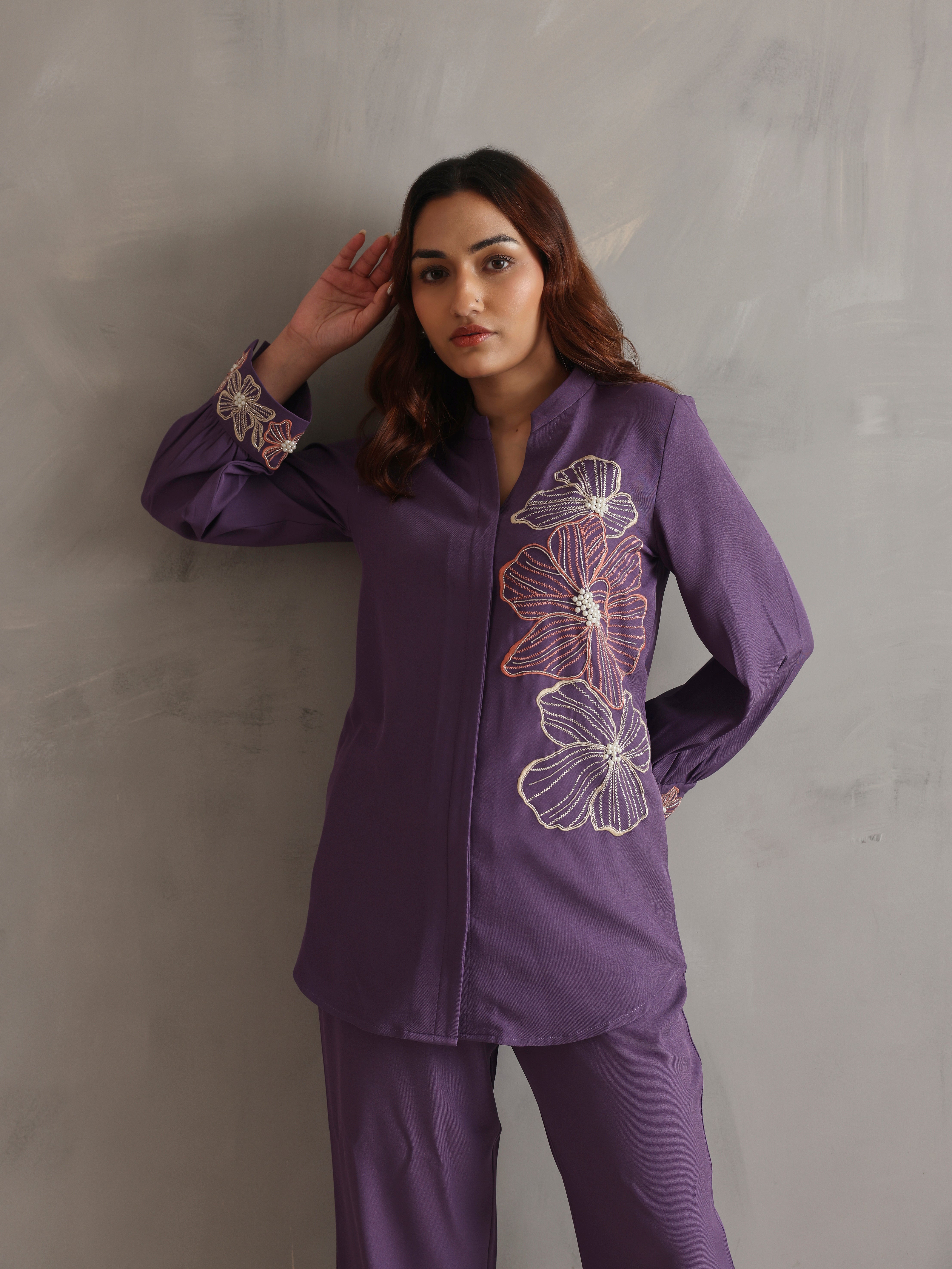 Purple Floral Embroidery Co-ord Set