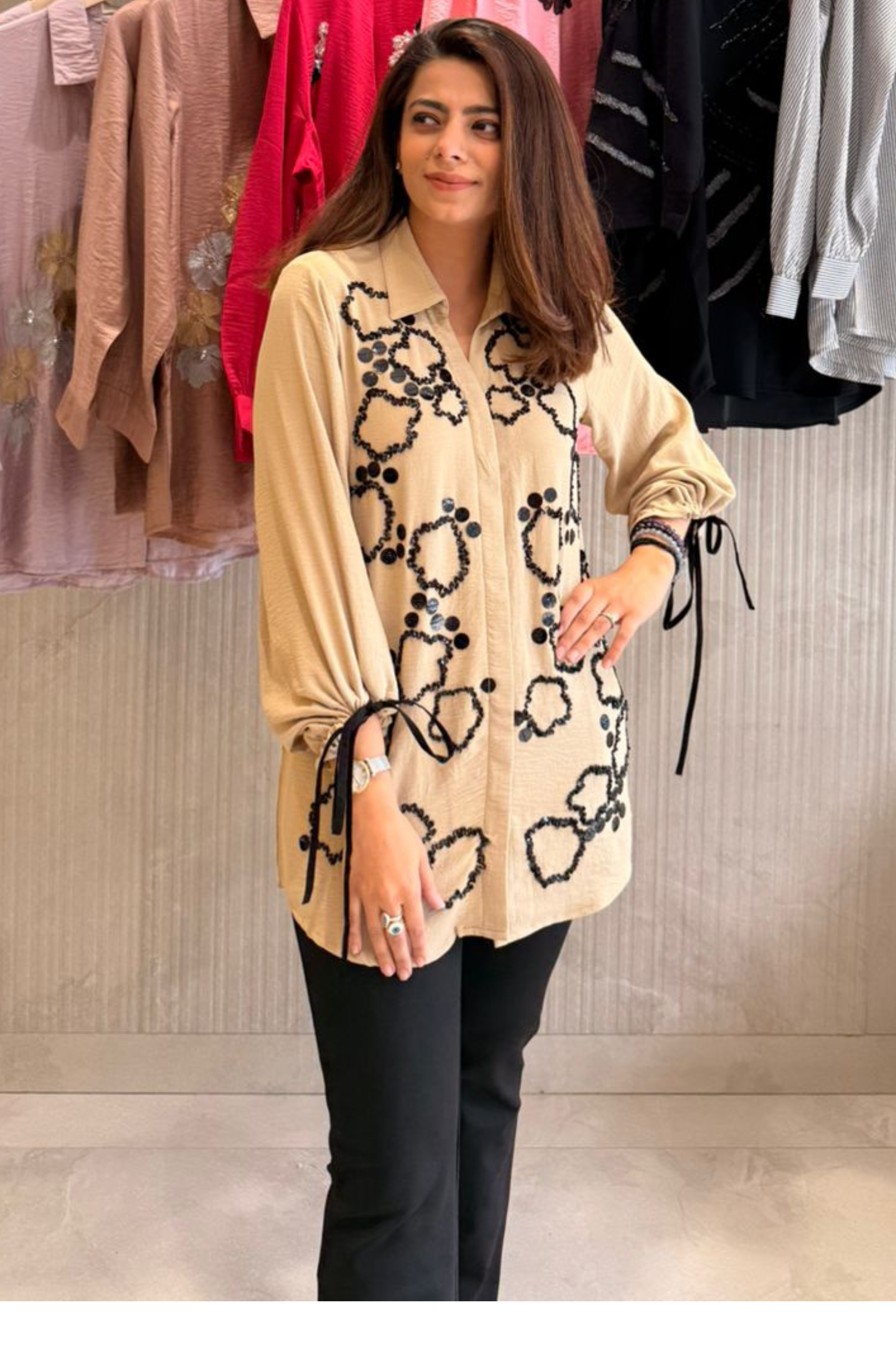 Beige Sandstone Embellished Shirt