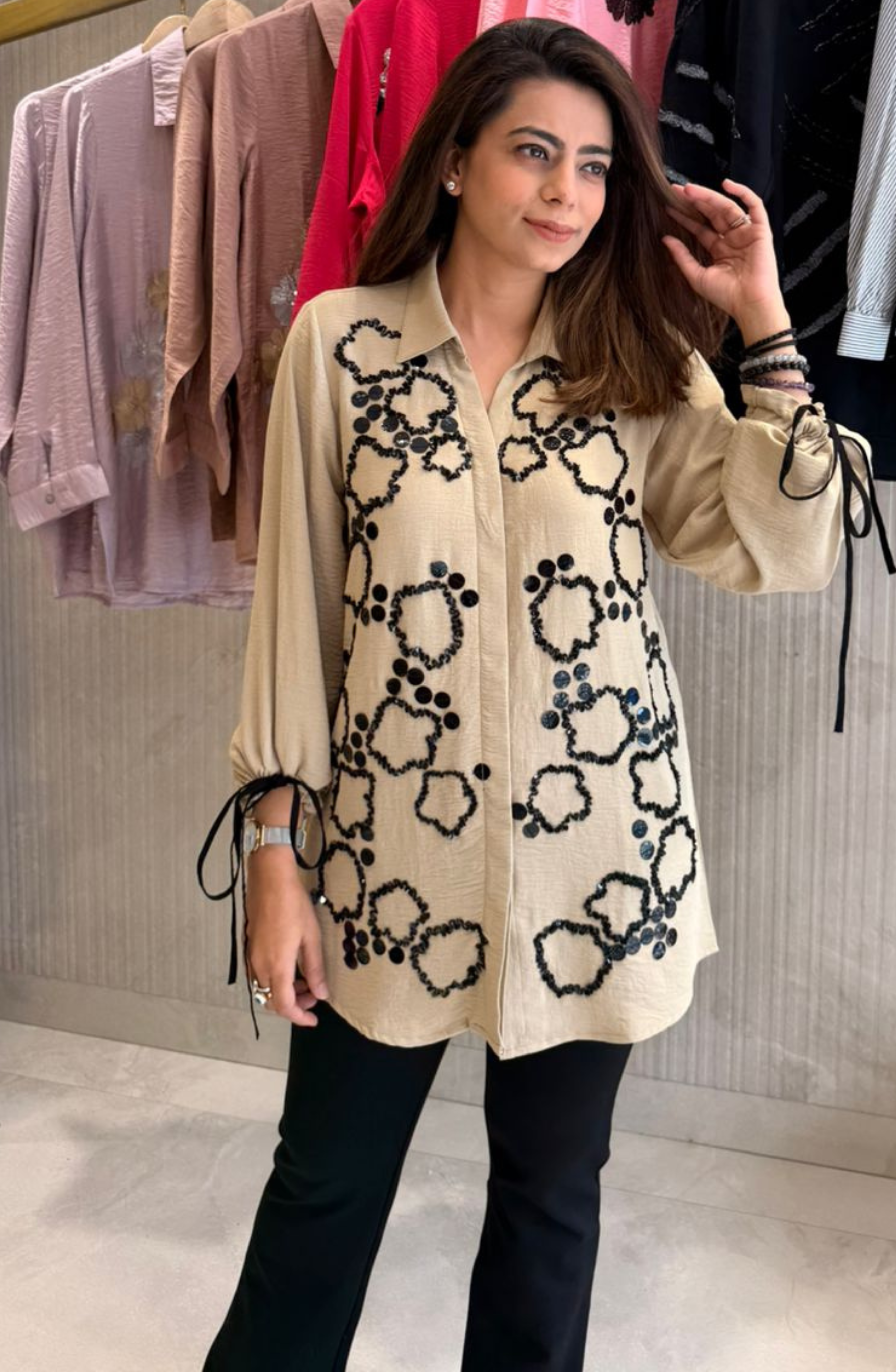 Beige Sandstone Embellished Shirt