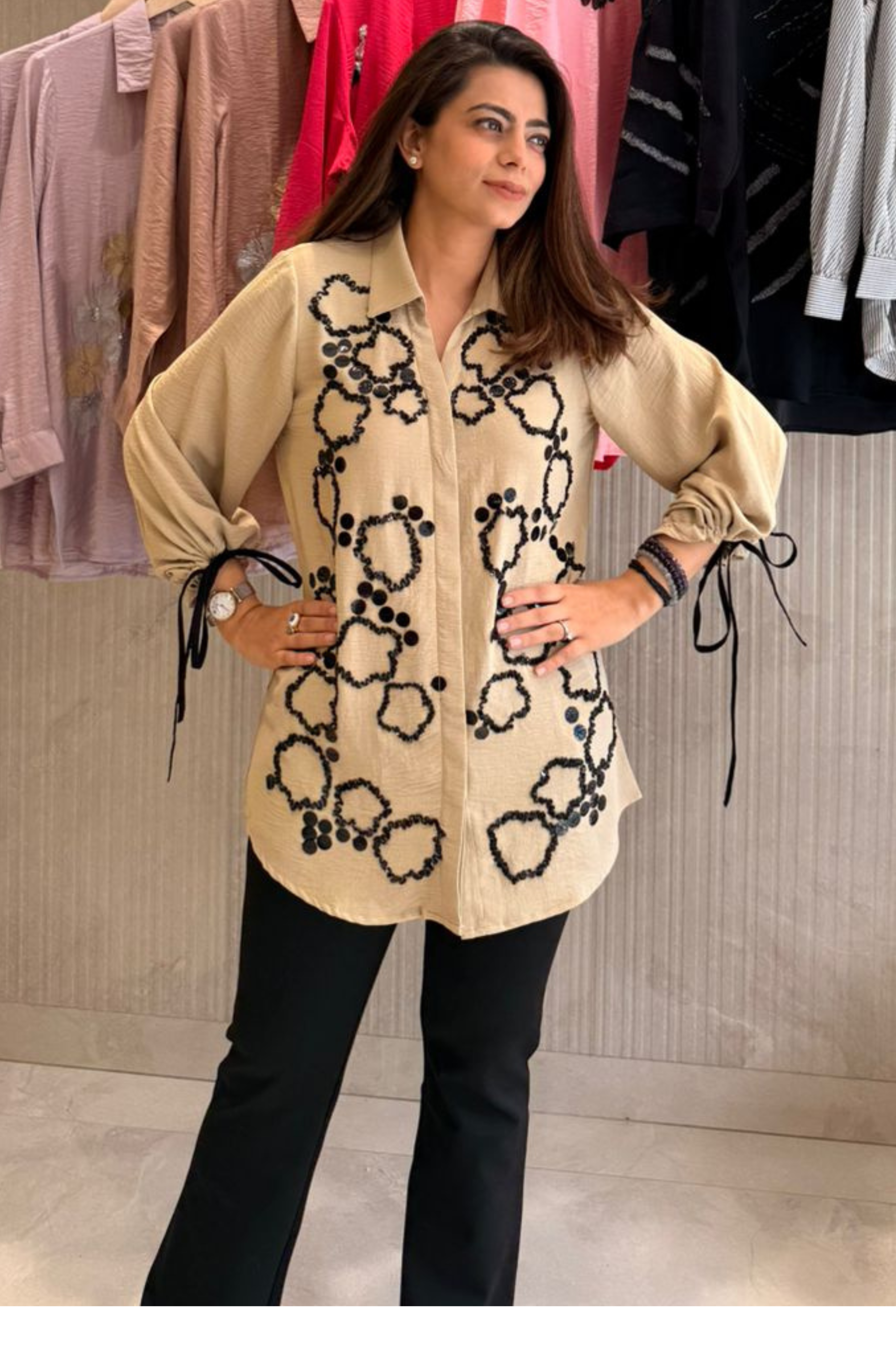 Beige Sandstone Embellished Shirt