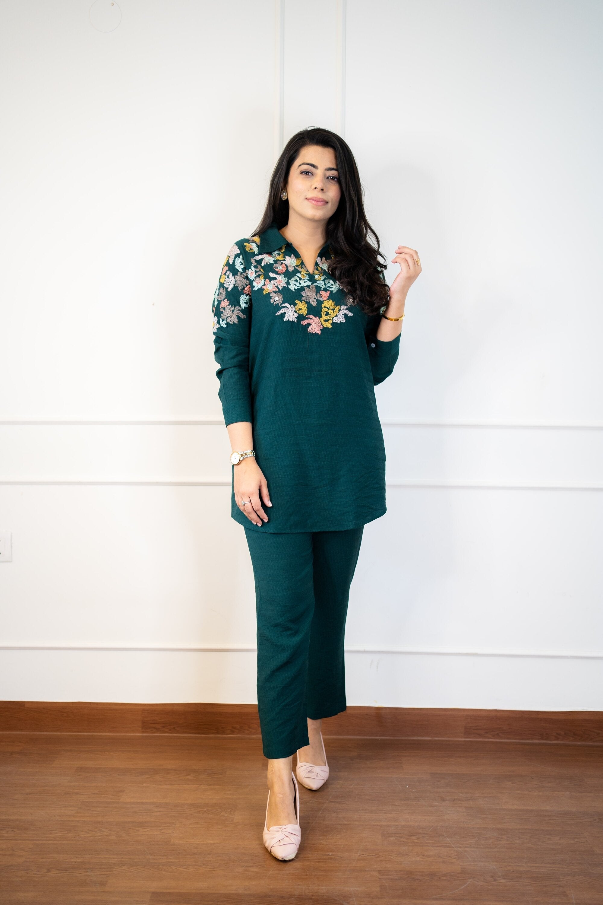 Bottle Green Embroidered Co-ord Set