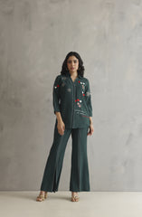 Bottle green co-ord set featuring colorful embroidery with a heartbeat motif