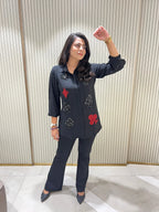 Embellished black cards motif shirt