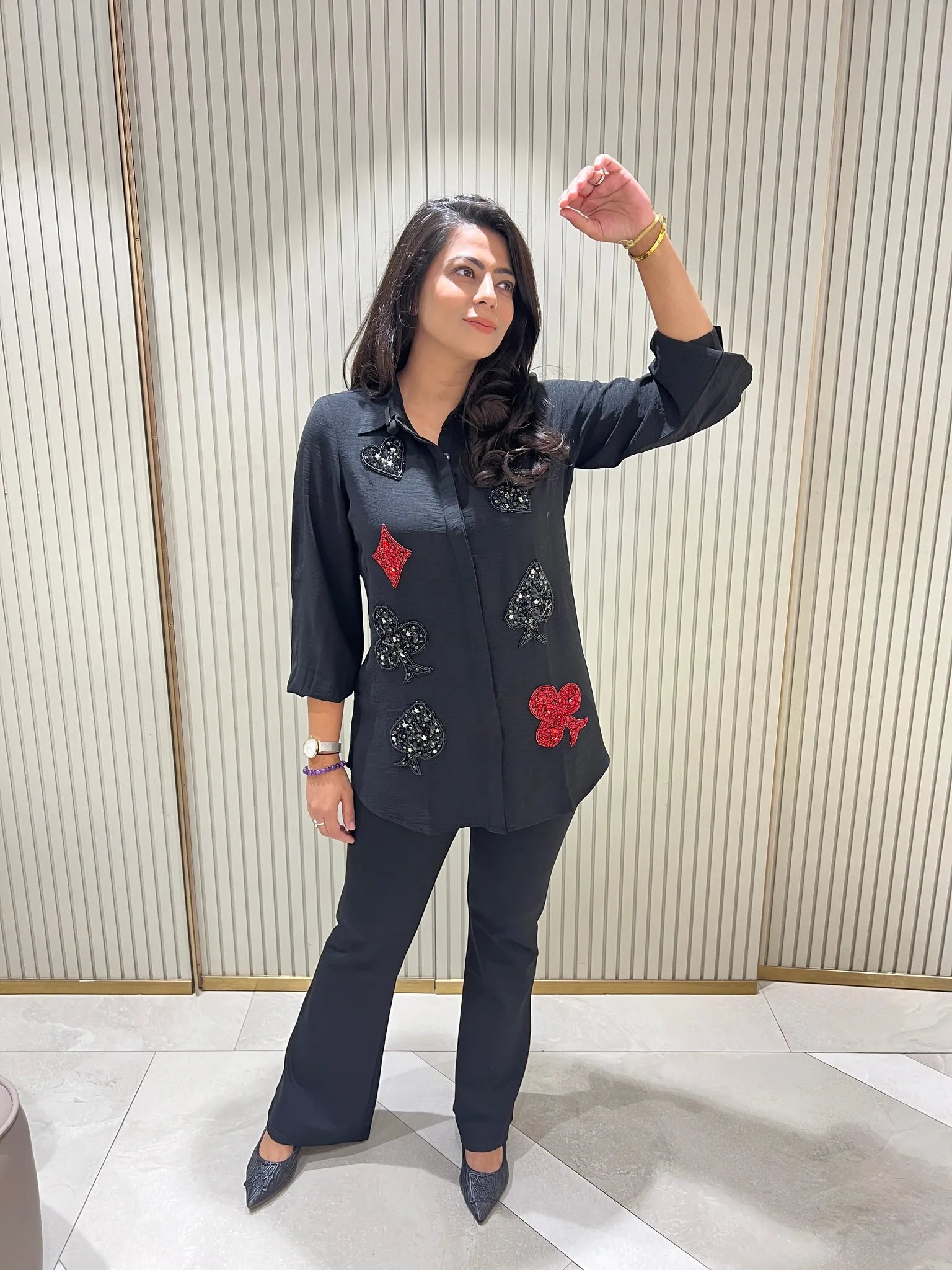 Embellished black cards motif shirt