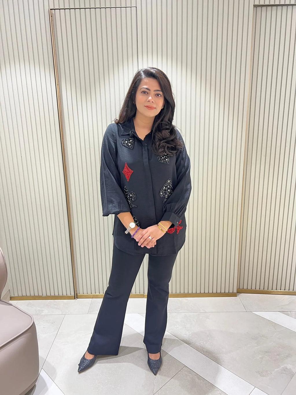 Embellished black cards motif shirt