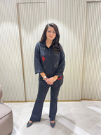 Embellished black cards motif shirt