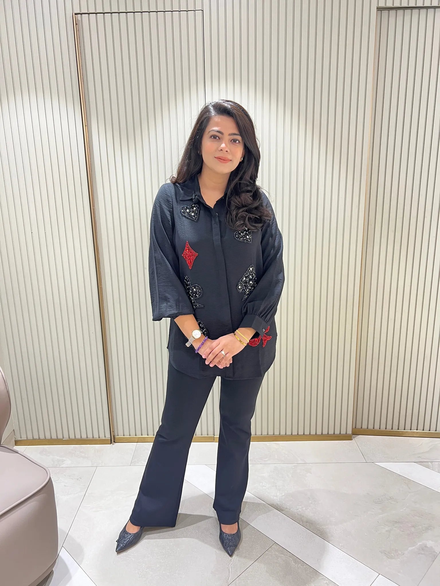 Embellished black cards motif shirt