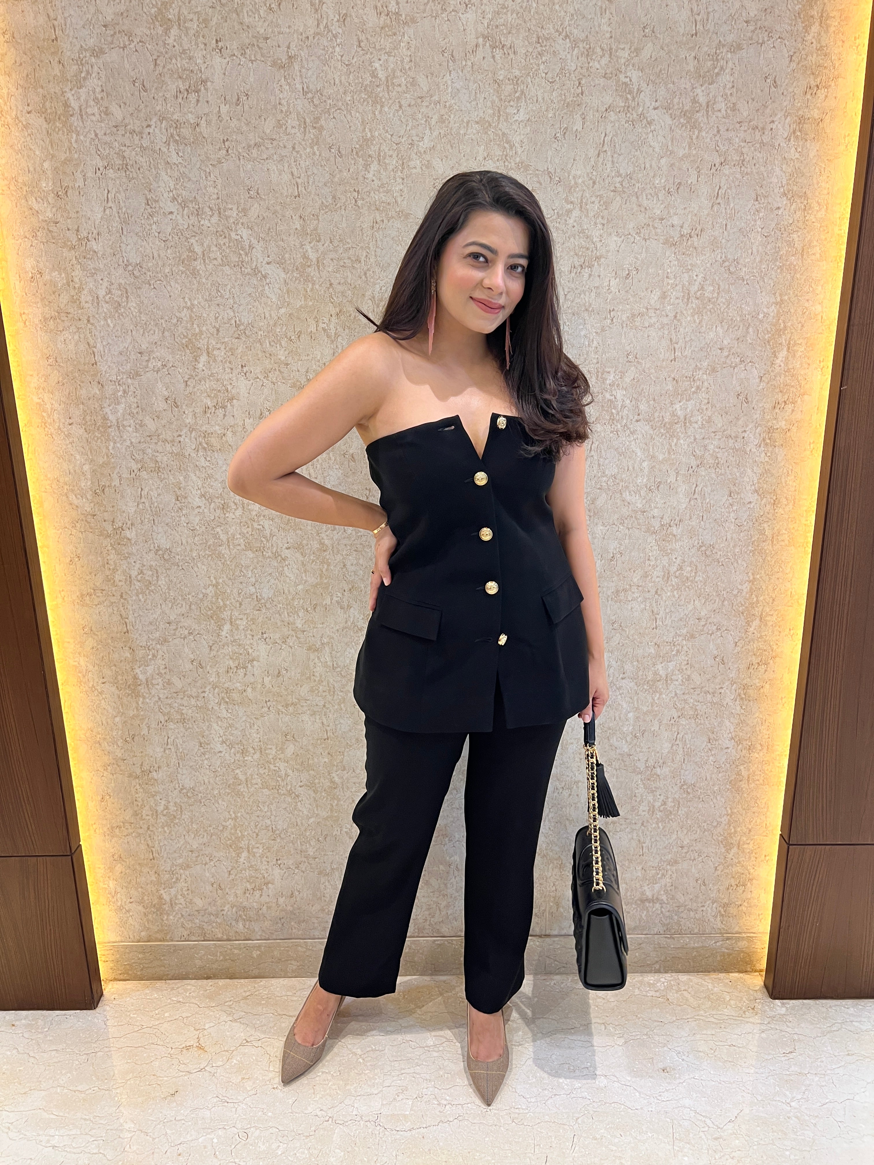 Minimalist Black Off-Shoulder Waistcoat Set