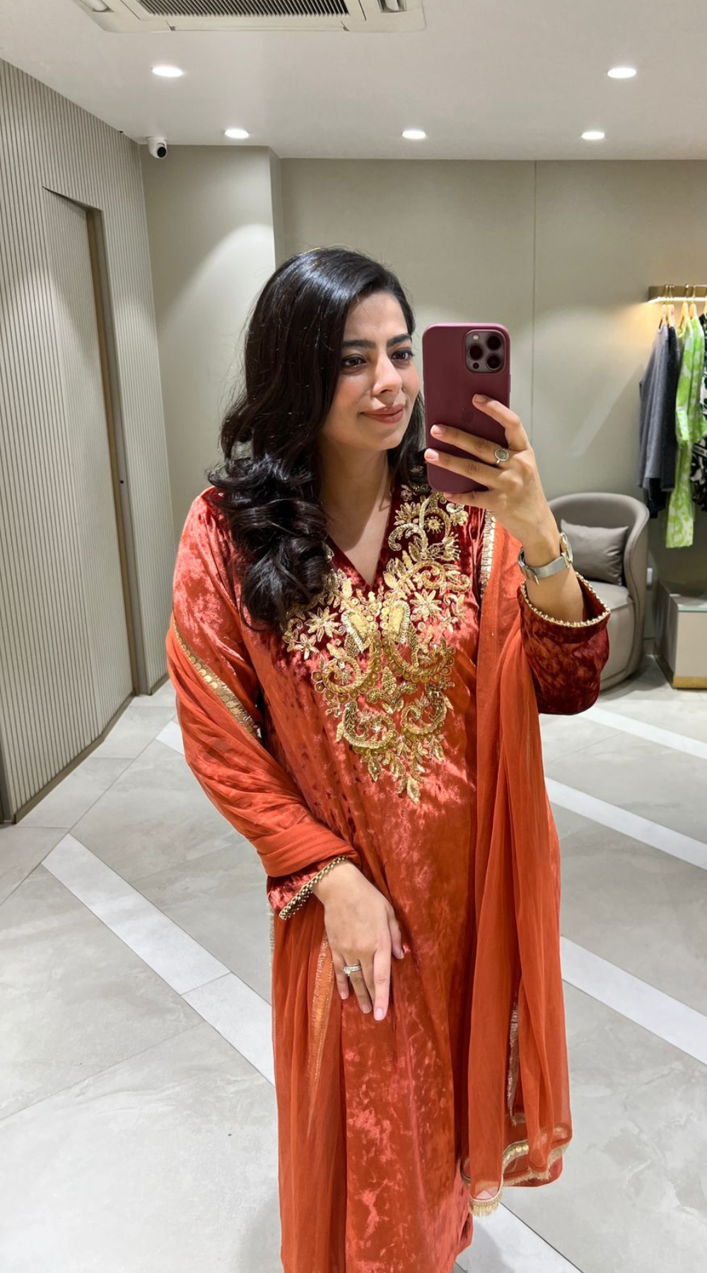 Orange Embroidered Velvet Kurta Set