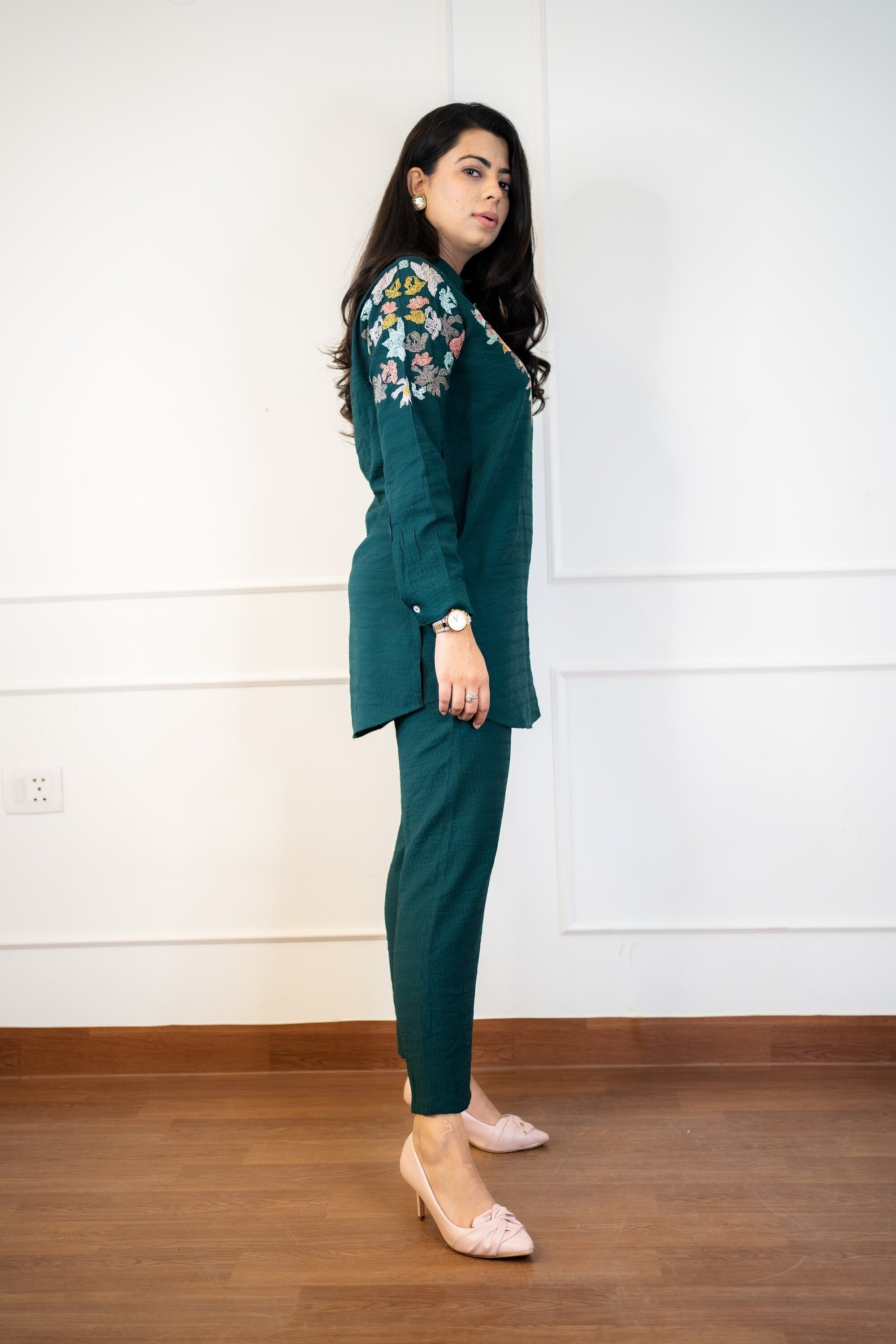 Bottle Green Embroidered Co-ord Set