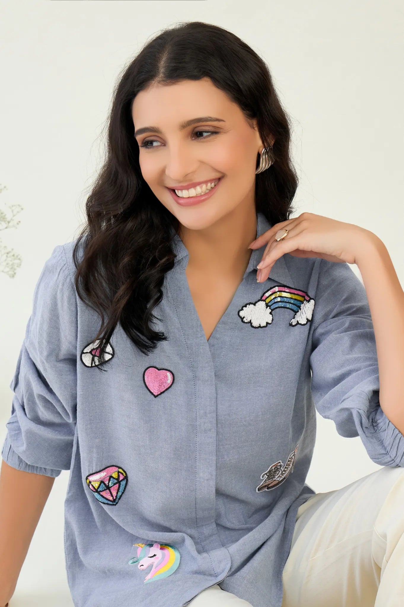 Cotton Denim Embellished Shirt