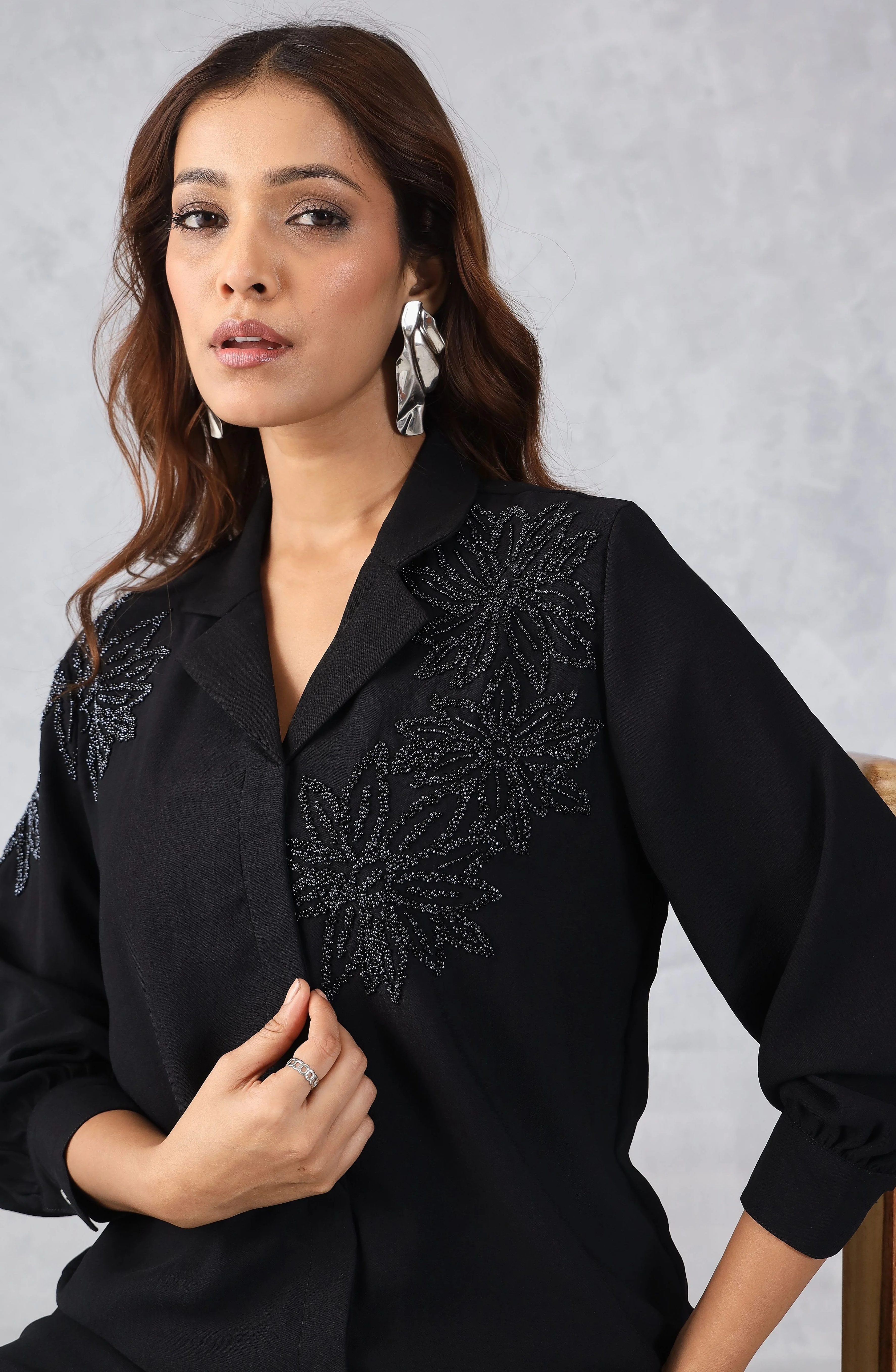 Midnight Bloom Black Floral Embellished Shirt