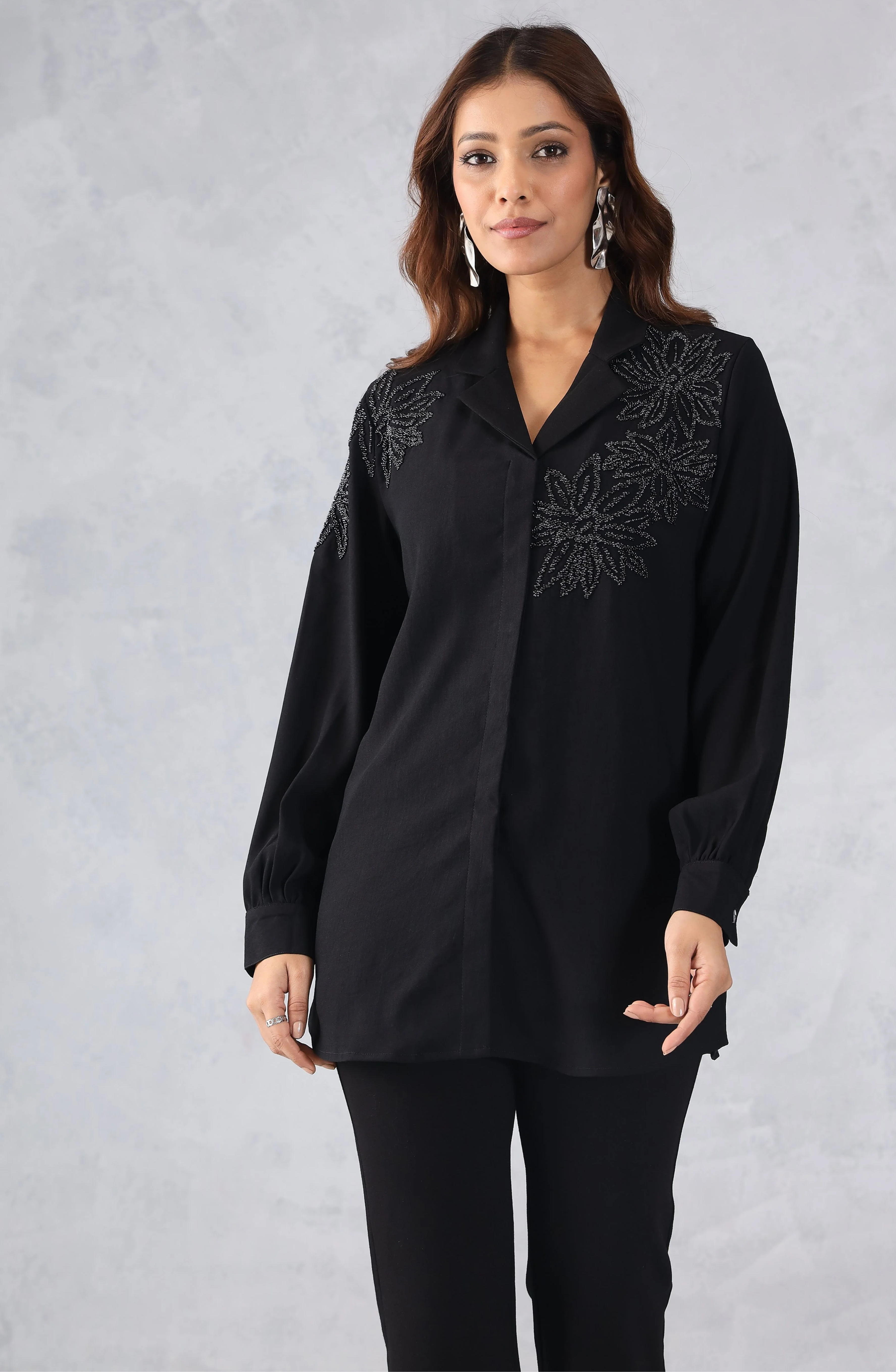 Midnight Bloom Black Floral Embellished Shirt