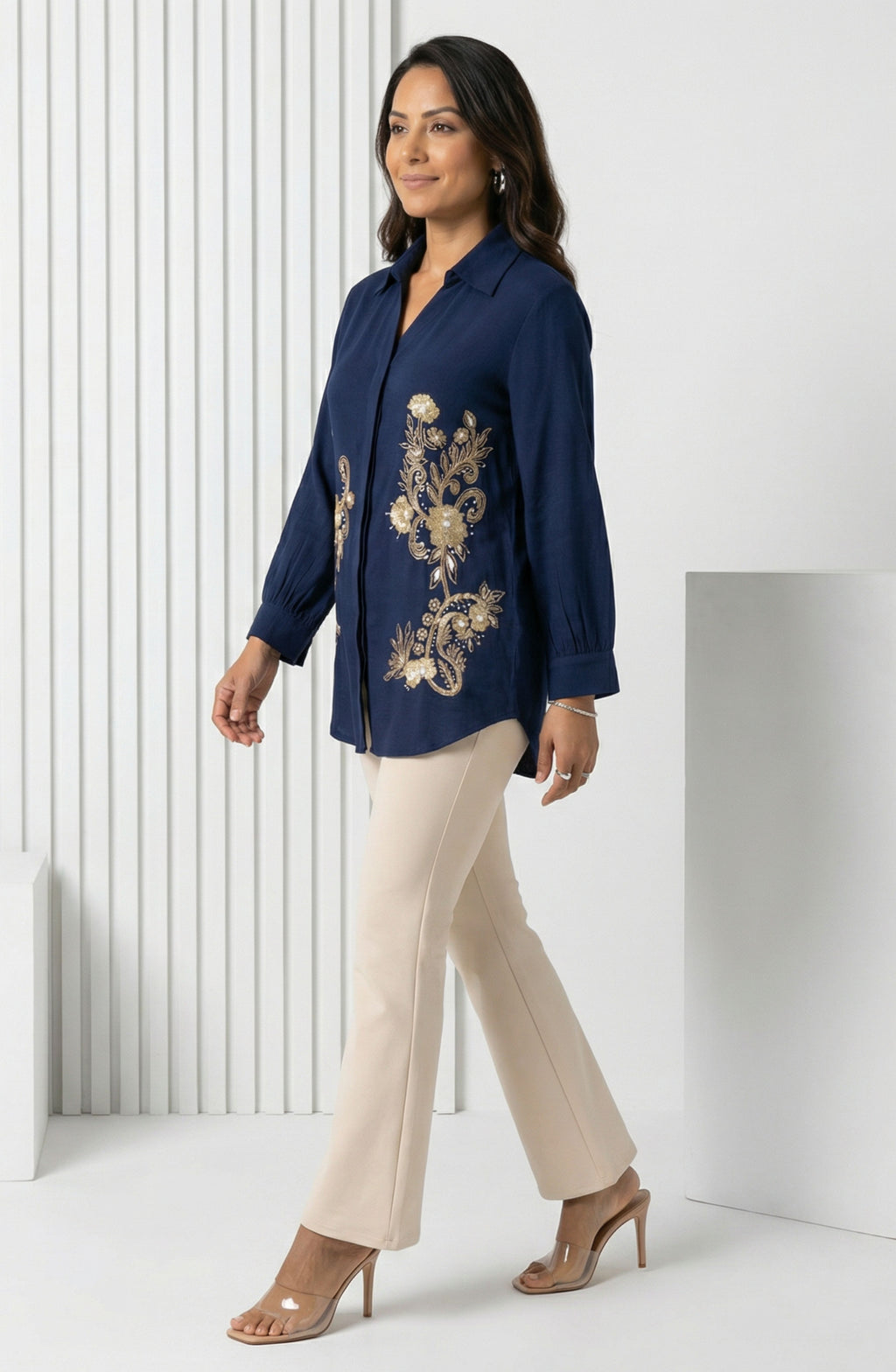 Navy Blue Floral Embellished Shirt