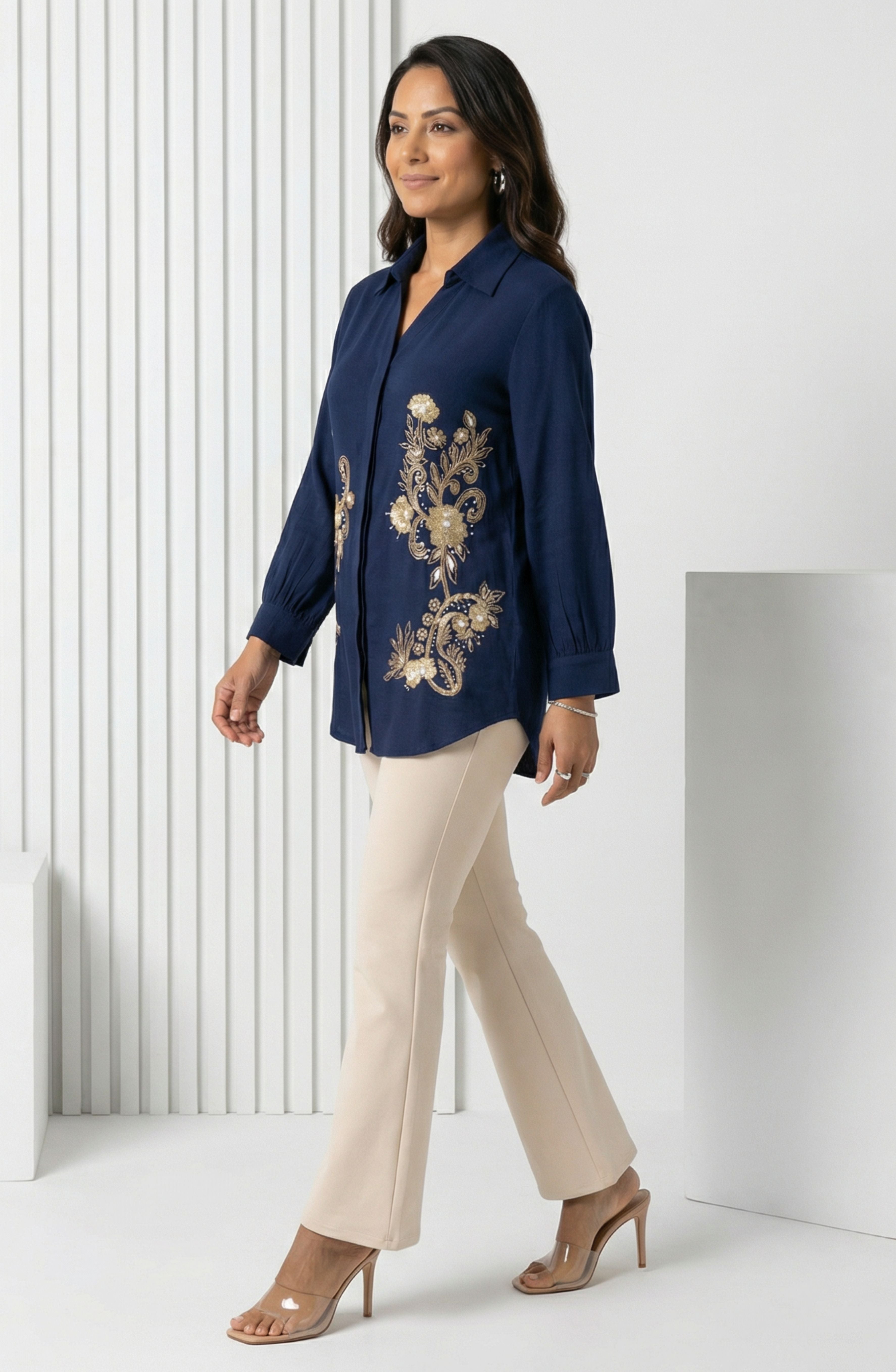 Navy Blue Floral Embellished Shirt