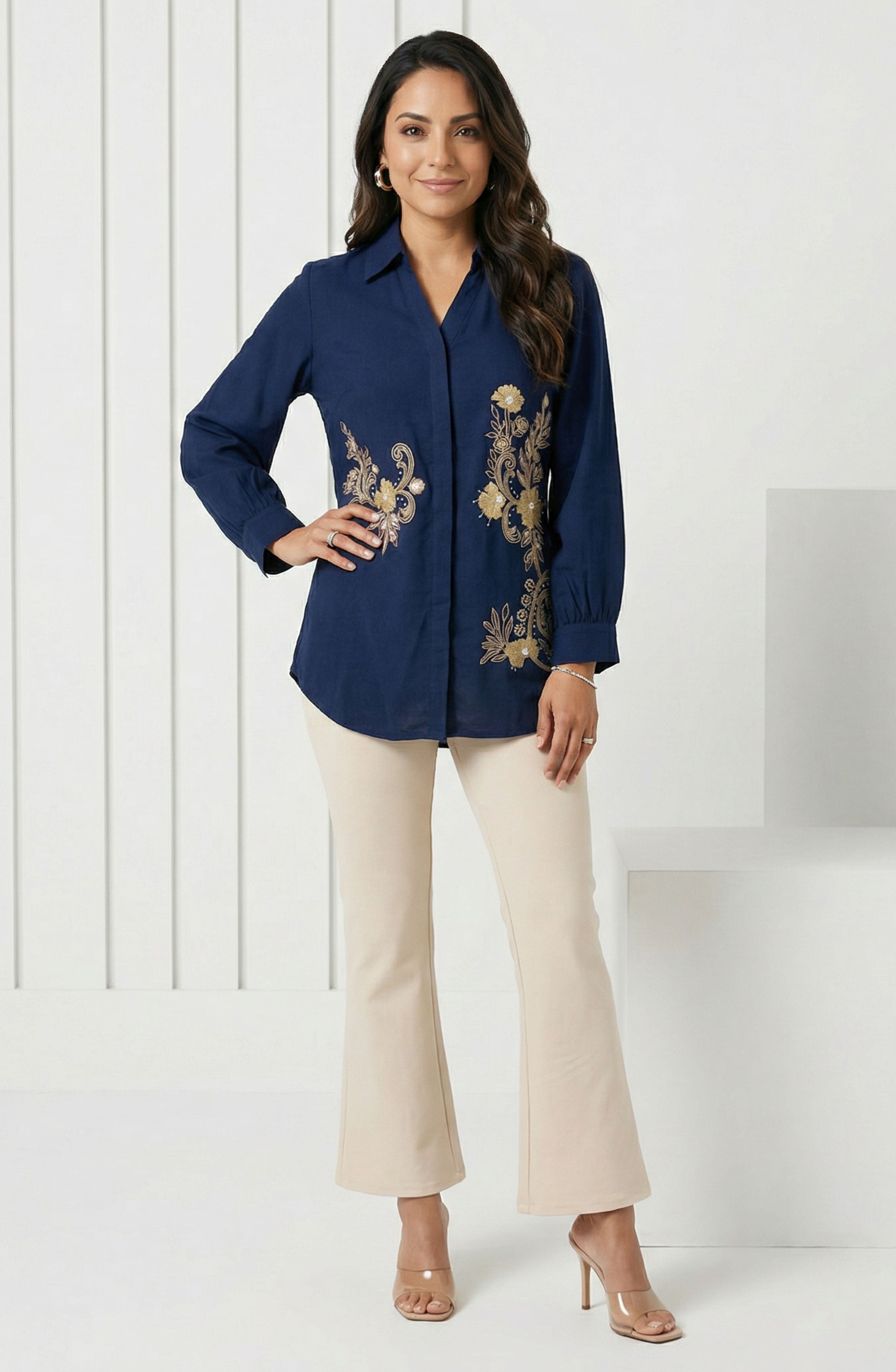 Navy Blue Floral Embellished Shirt
