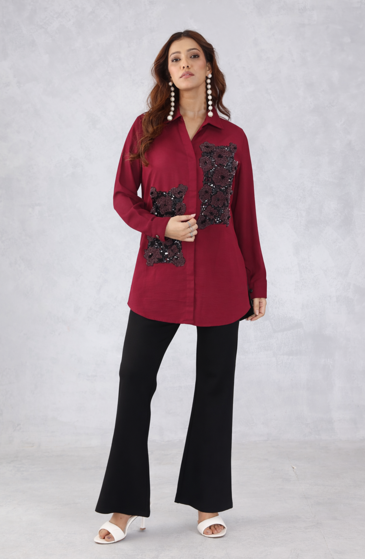 Red Embellished Floral Shirt