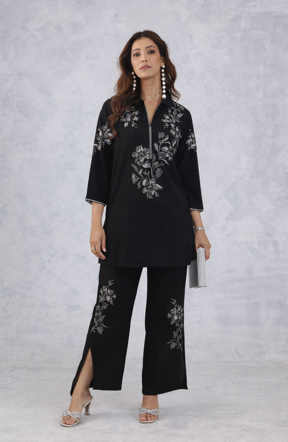 Black and Silver Floral Embellished Co-Ord Set