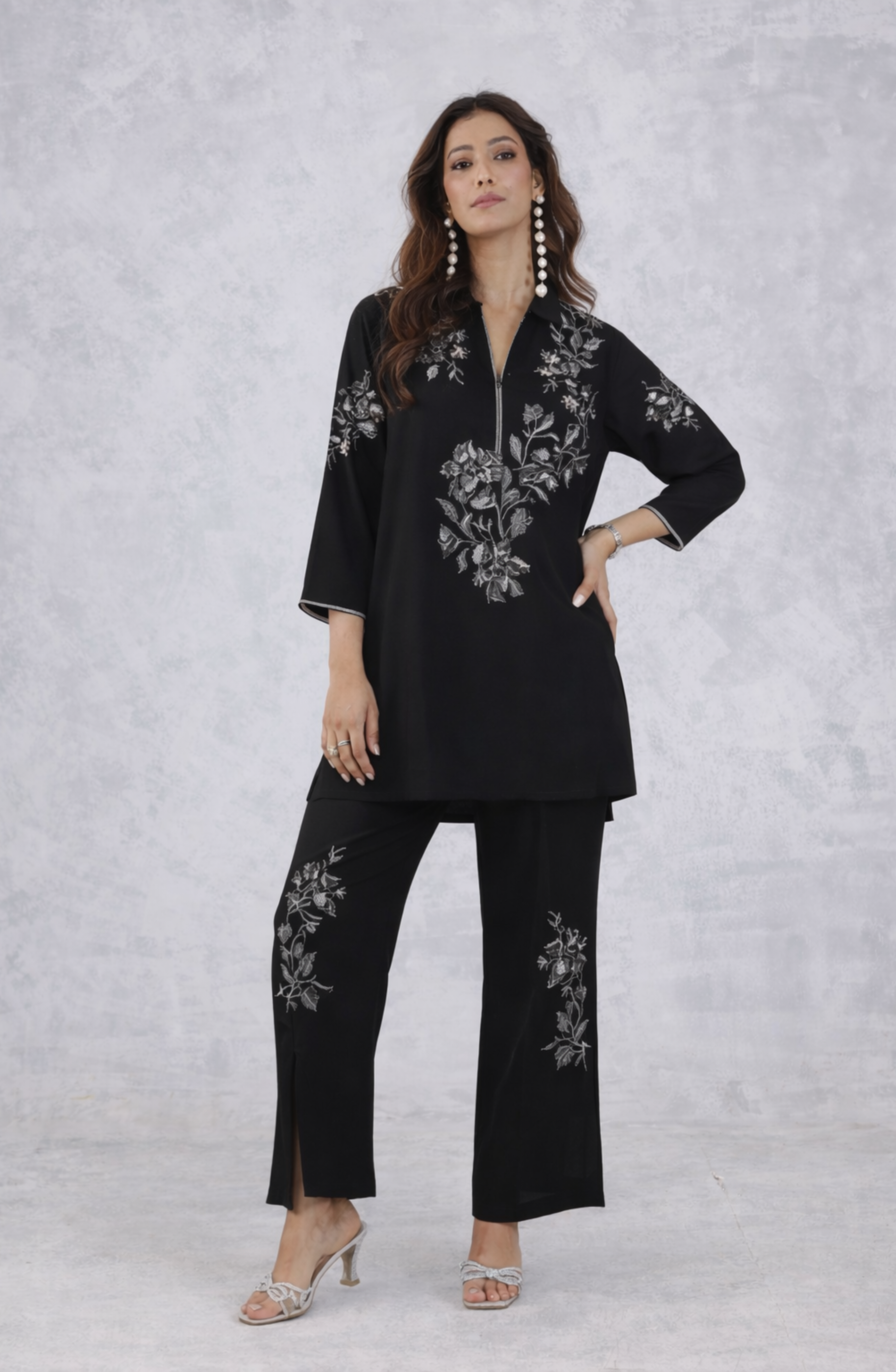 Black and Silver Floral Embellished Co-Ord Set