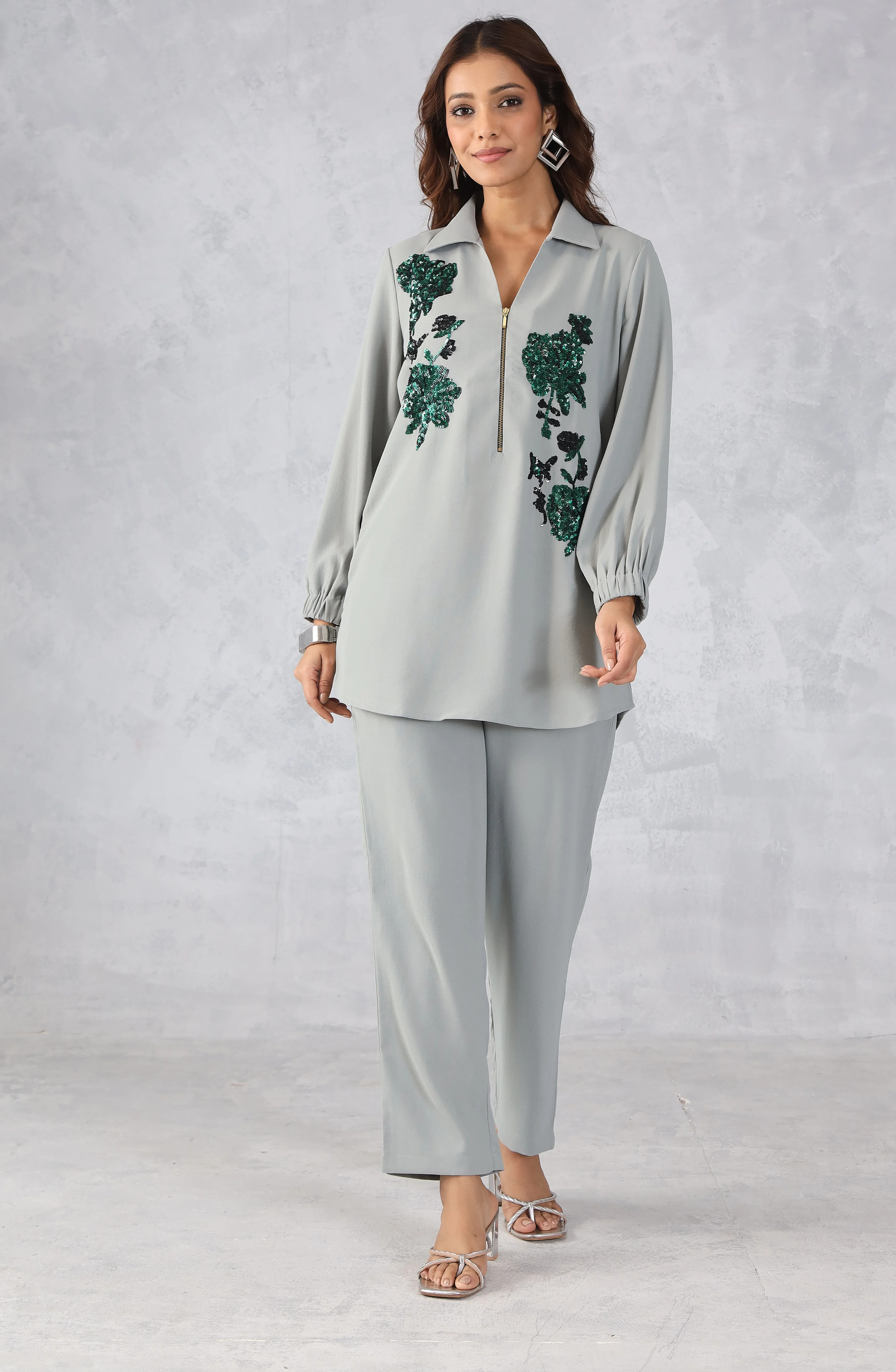 Elegant Sage Grey Embellished Co-Ord Set for Women