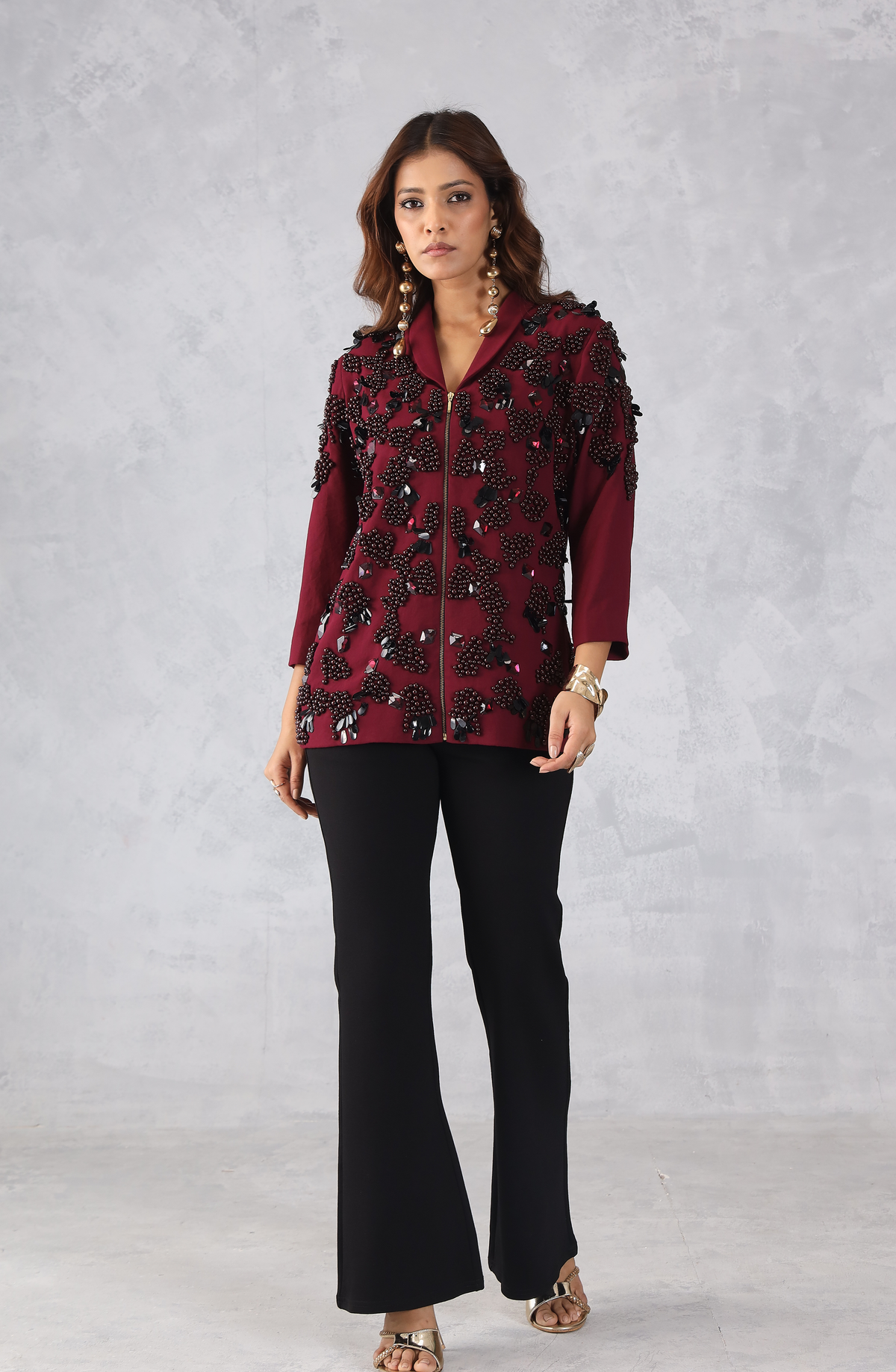 Red Embellished Zip Style Jacket