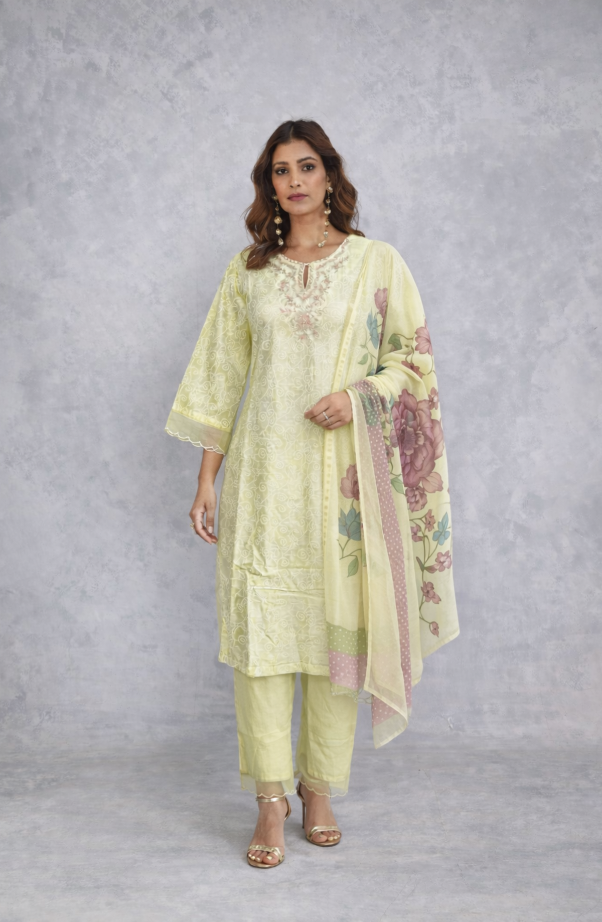 Yellow Floral Embroidered Kurta Set with Dupatta