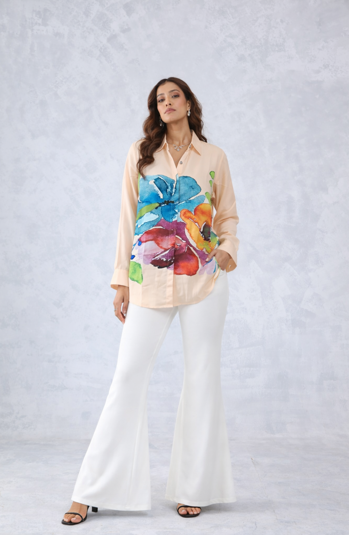 Peach Multicolor Floral Print Shirt