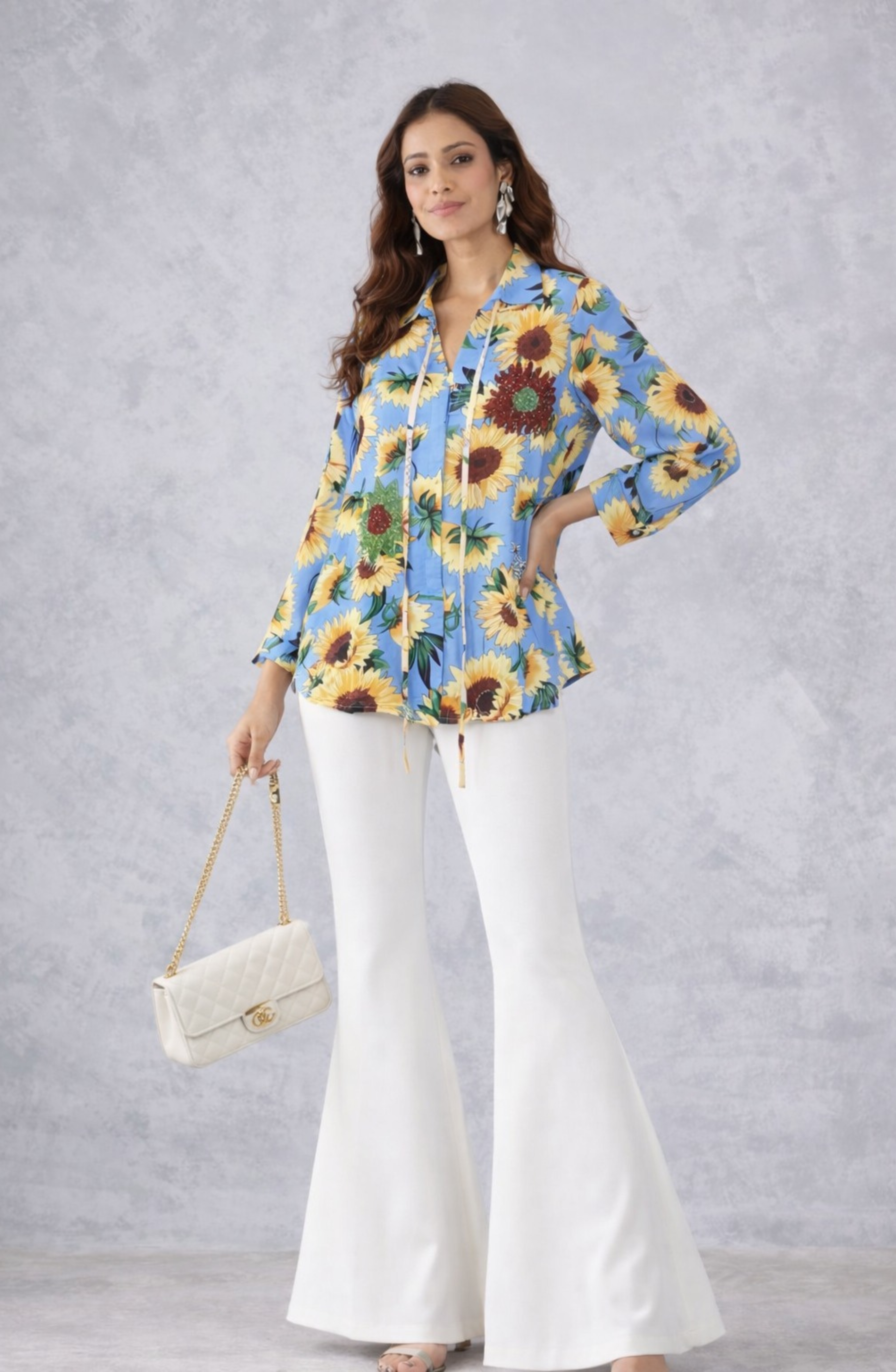 Blue Sunflower Printed Embellished Shirt