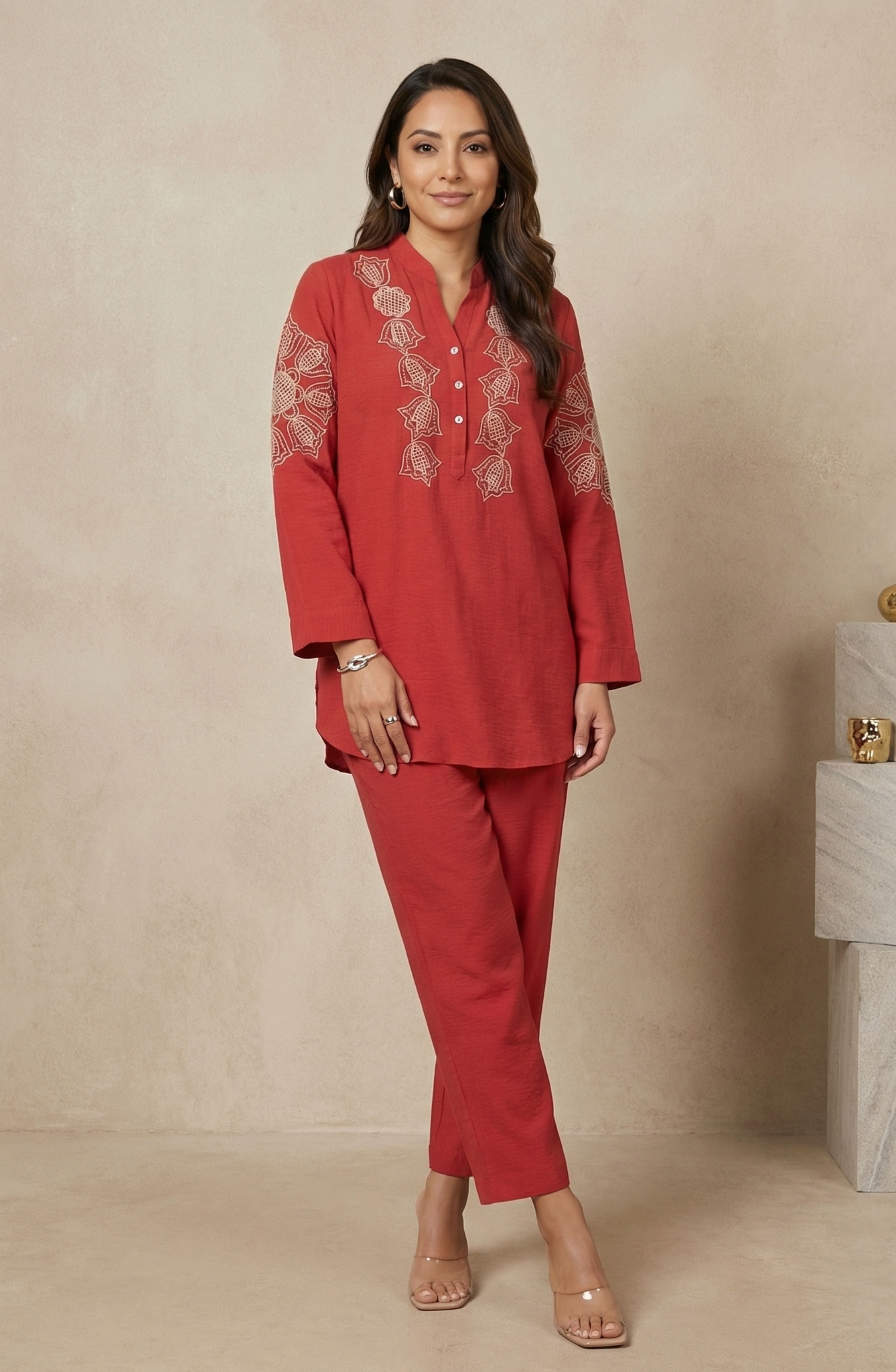 Rust Red Embroidered Co-Ord Set