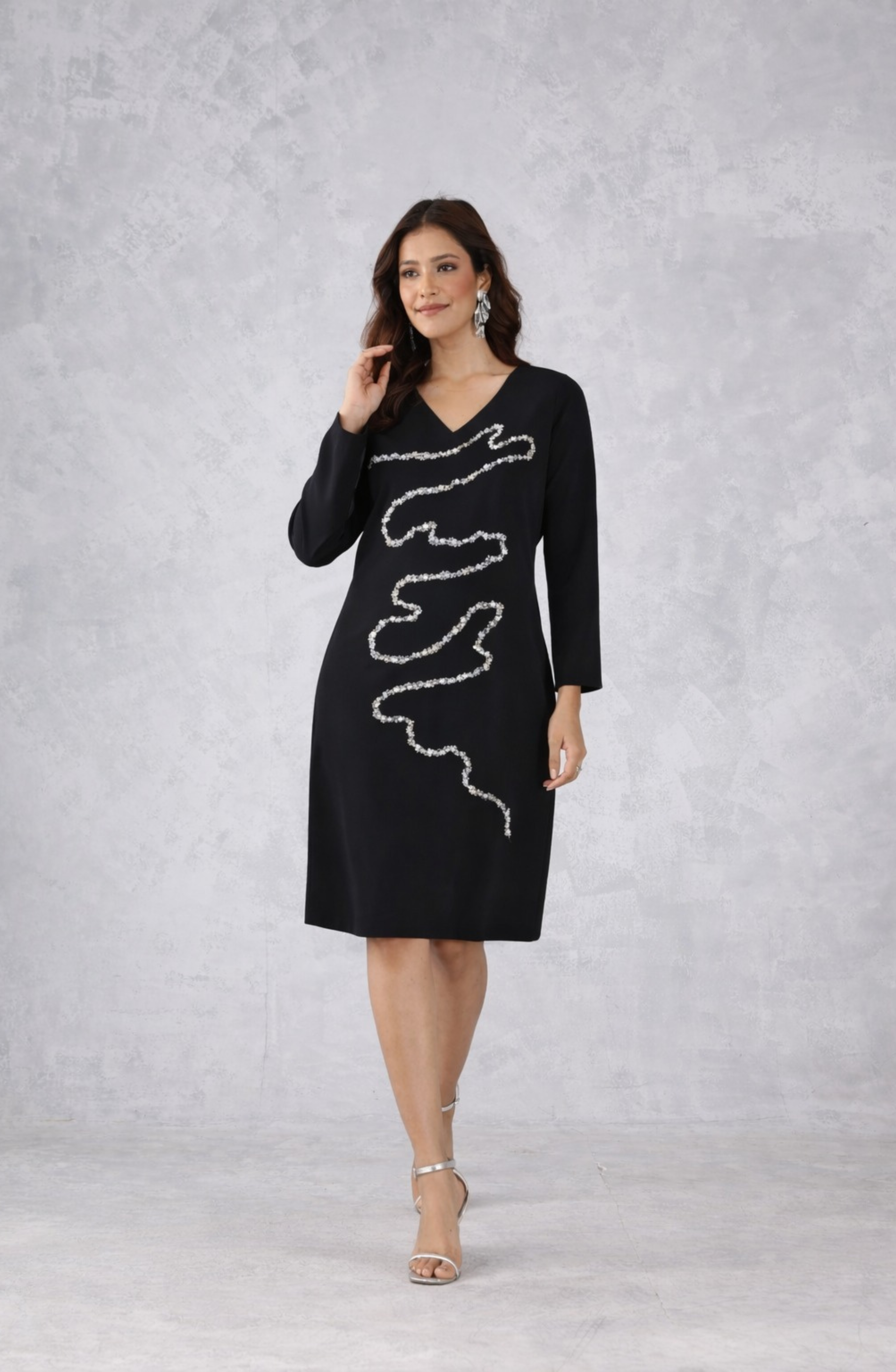 Black Embellished V-Neck Dress