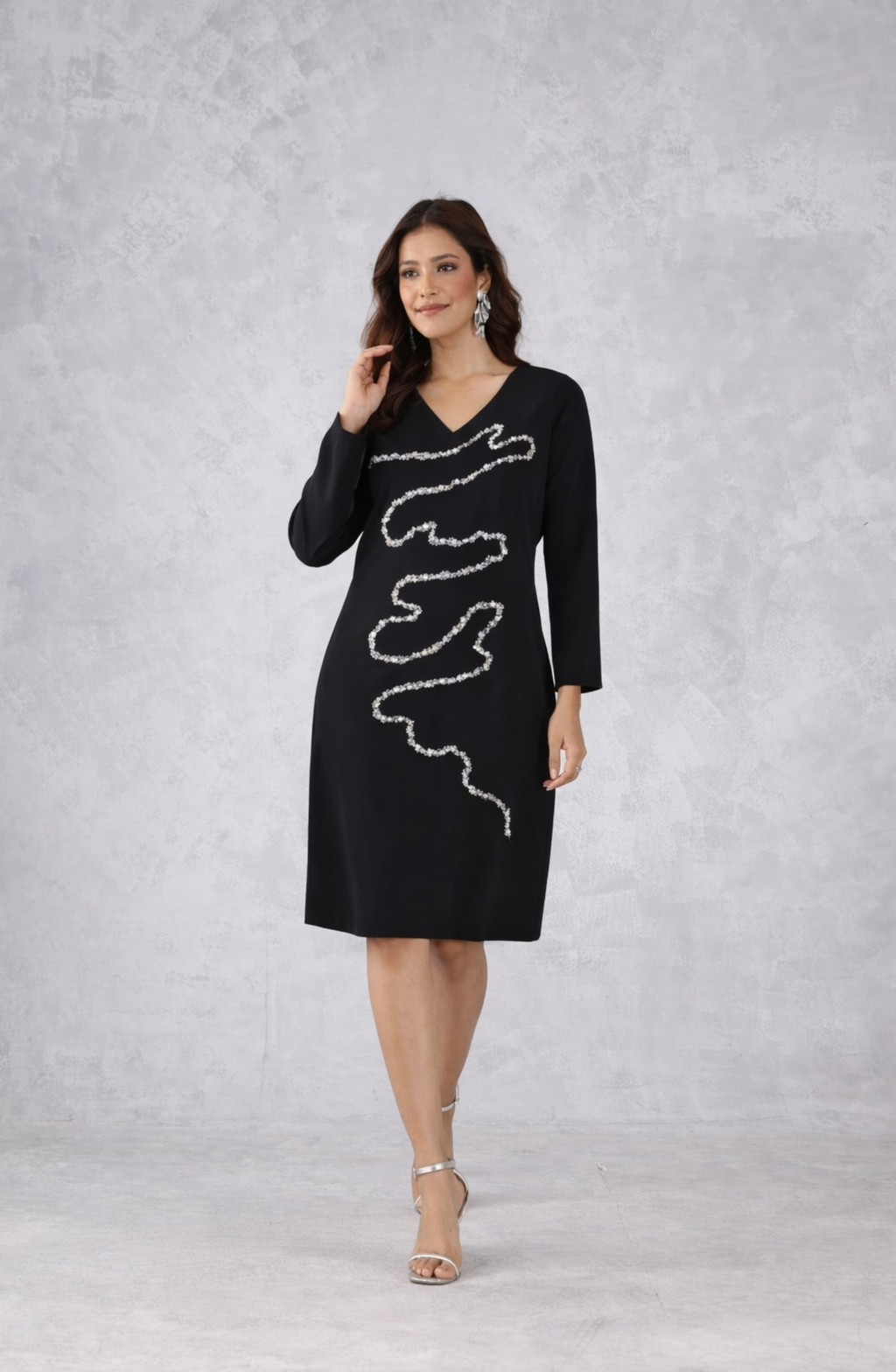 Black Embellished V-Neck Dress